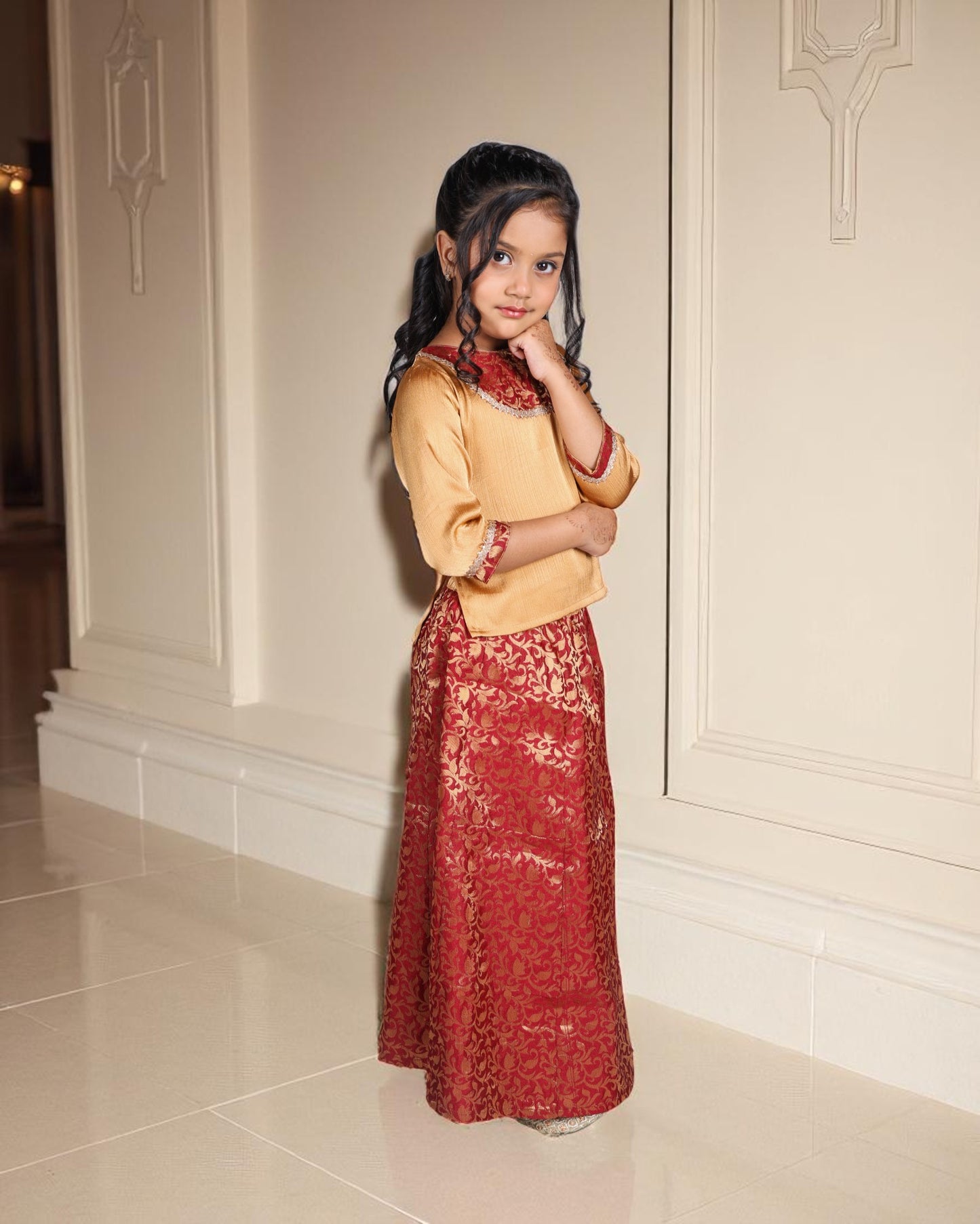 Tito Patito Girls’ Brocade Lehenga Set – Art Silk Top, Lace Work, Kids Partywear
