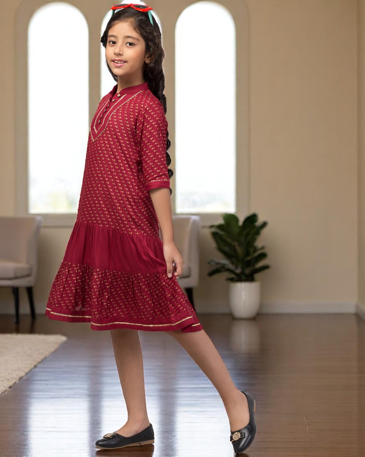 Enchanting Georgette Frock with Gota Patti Lacework & Bell Sleeves – Fully Lined for Elegance