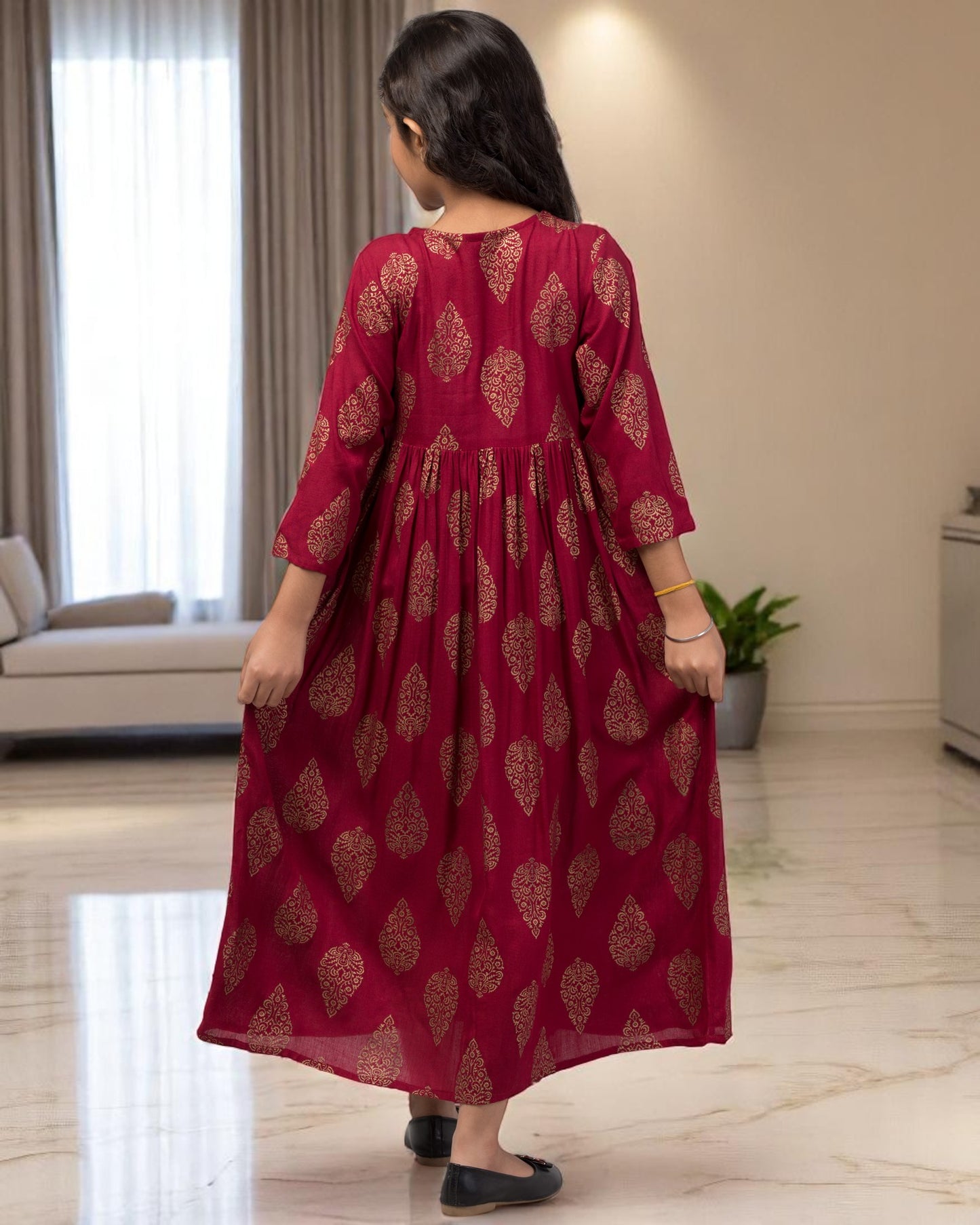 Graceful Printed Chiffon Long Dress for Girls with Umbrella Flare & V Neck