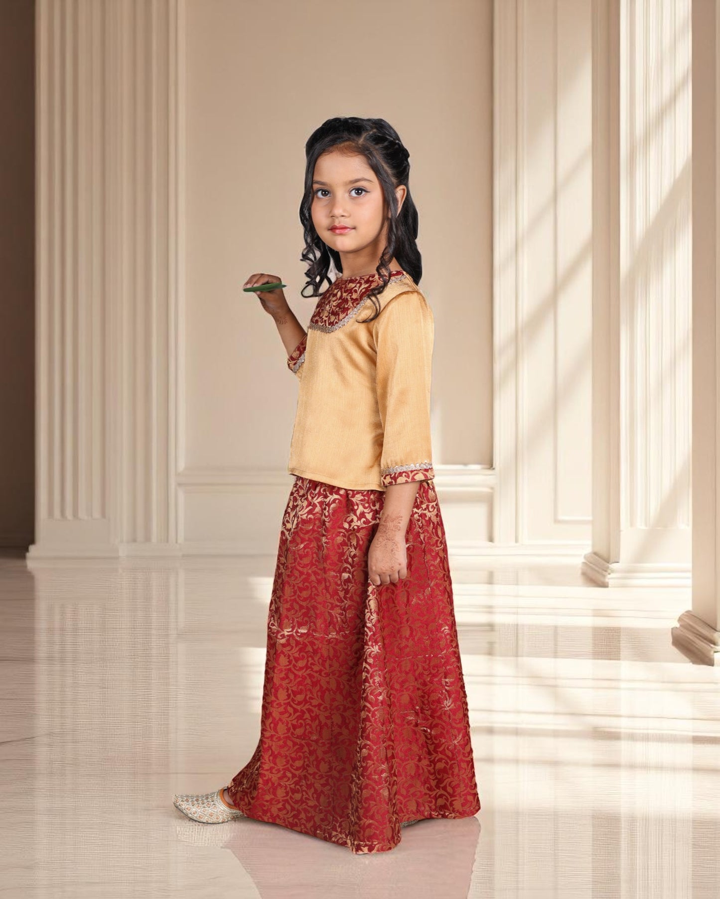 Tito Patito Girls’ Brocade Lehenga Set – Art Silk Top, Lace Work, Kids Partywear