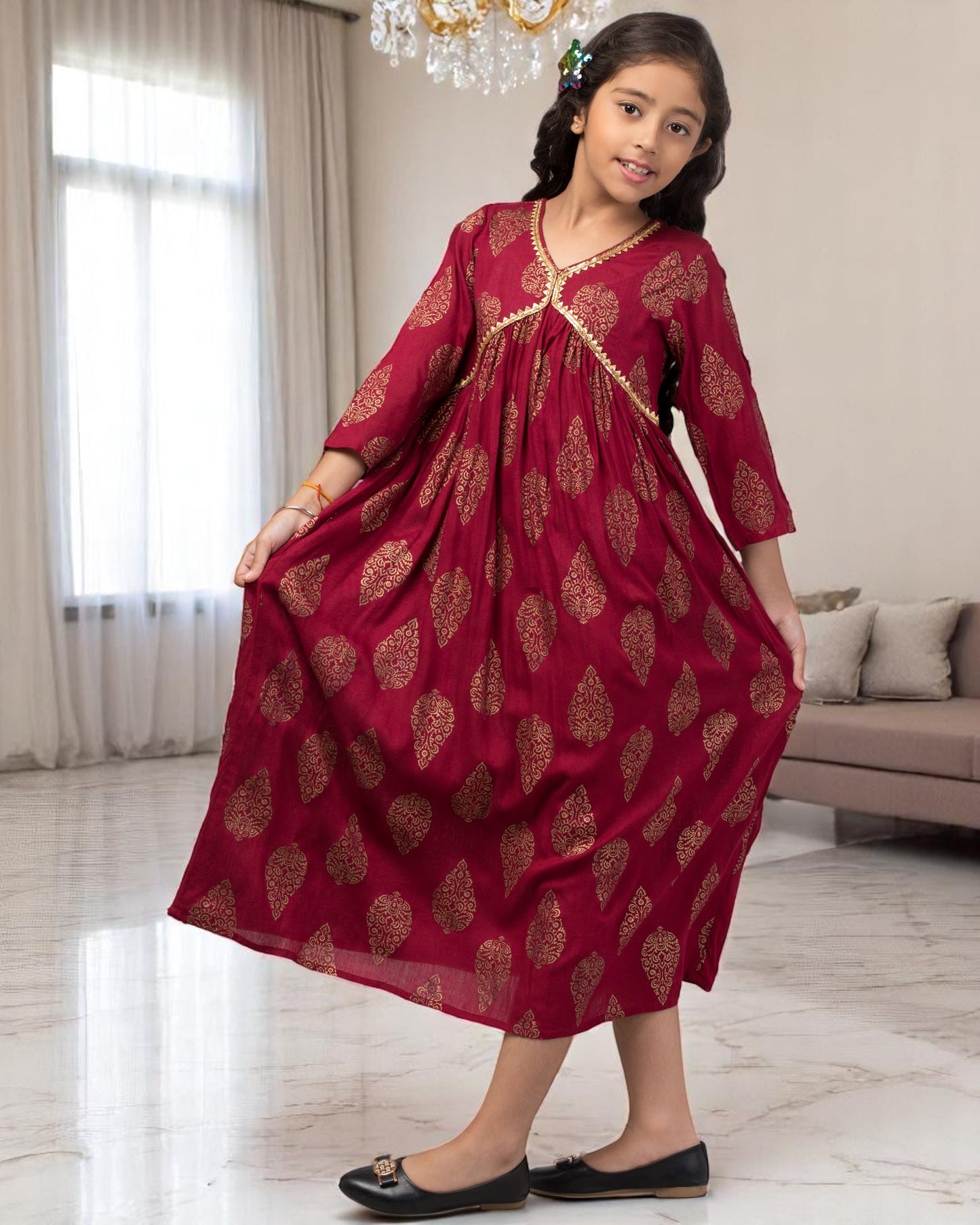 Graceful Printed Chiffon Long Dress for Girls with Umbrella Flare & V Neck