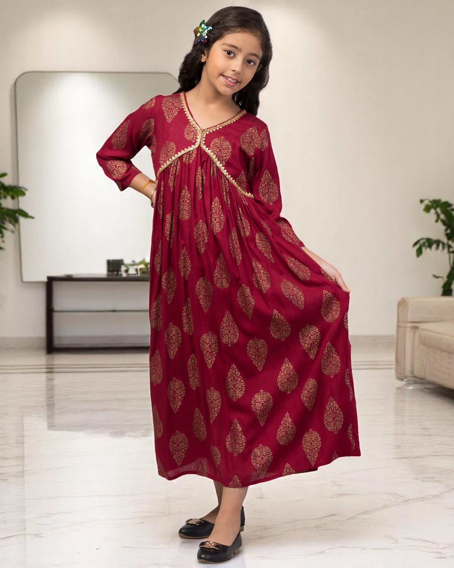 Graceful Printed Chiffon Long Dress for Girls with Umbrella Flare & V Neck