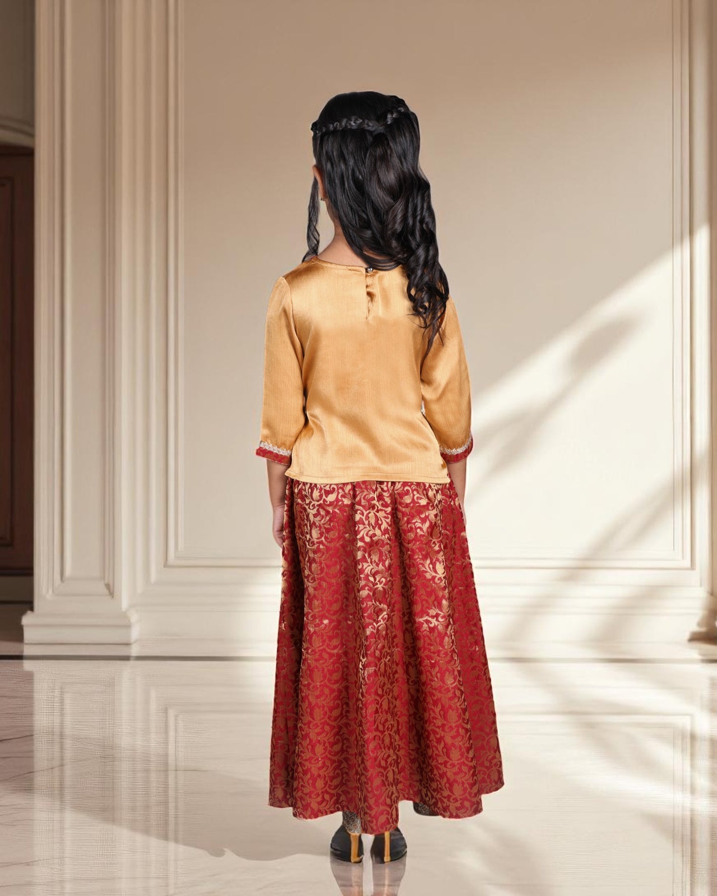 Tito Patito Girls’ Brocade Lehenga Set – Art Silk Top, Lace Work, Kids Partywear