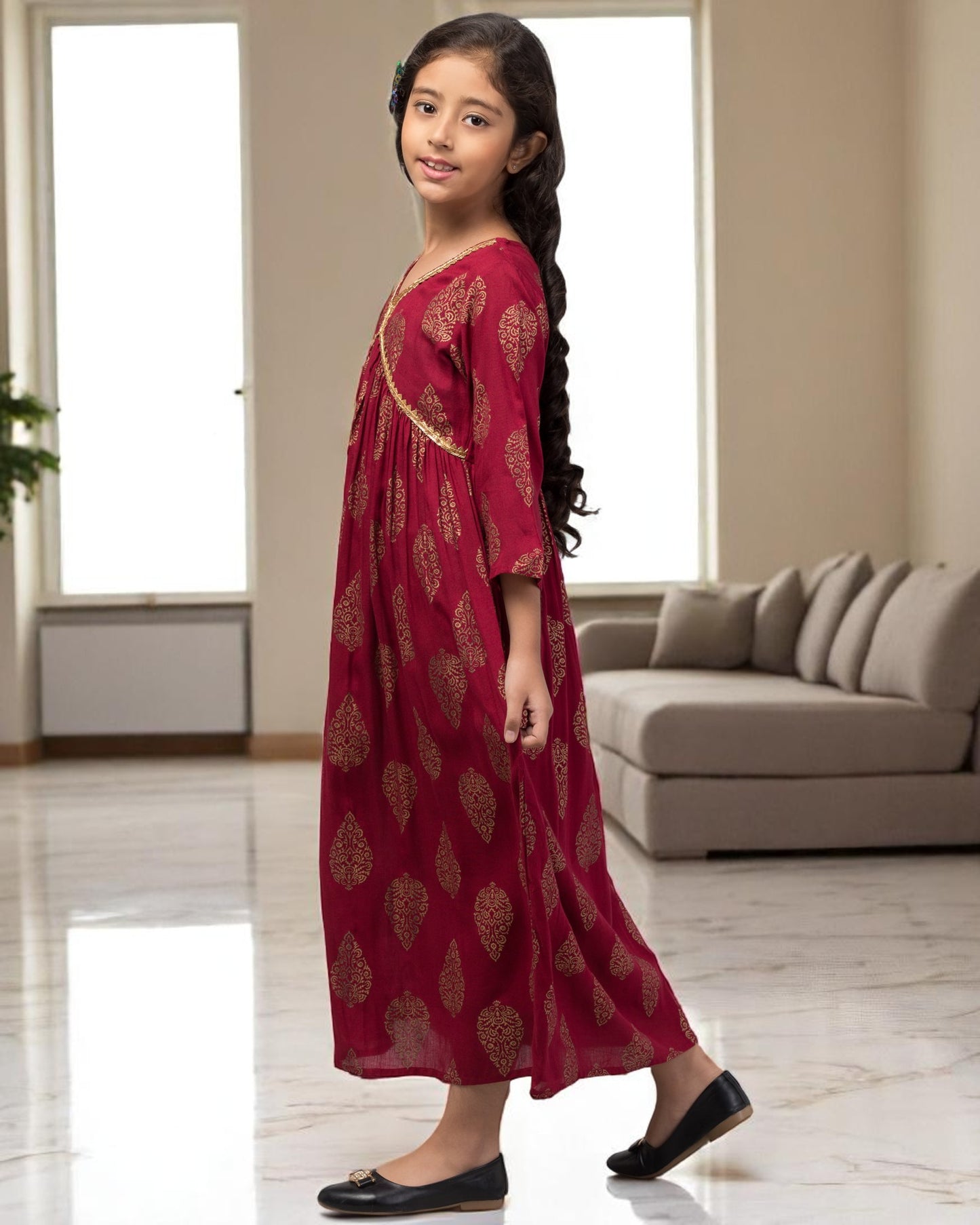 Graceful Printed Chiffon Long Dress for Girls with Umbrella Flare & V Neck