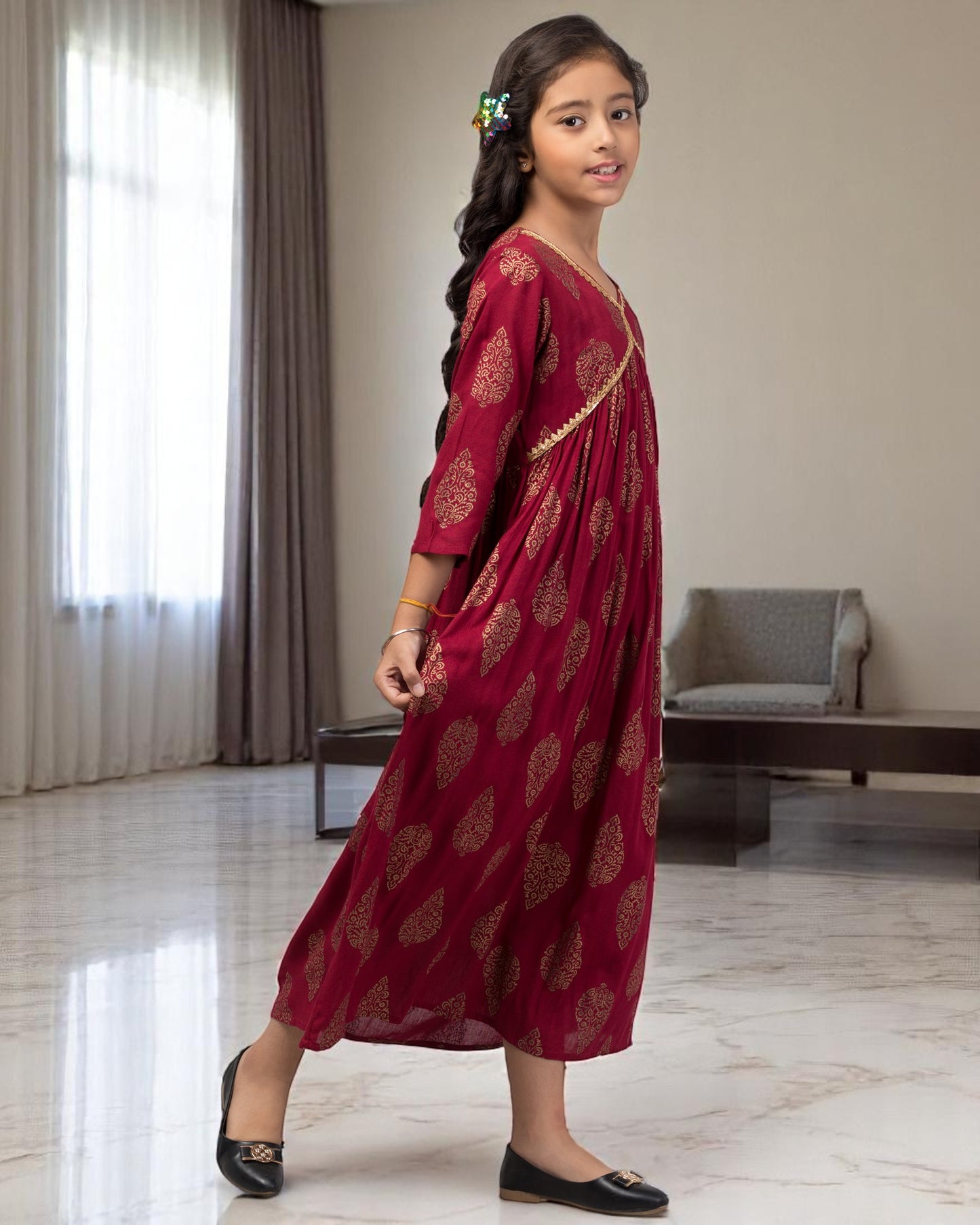 Graceful Printed Chiffon Long Dress for Girls with Umbrella Flare & V Neck