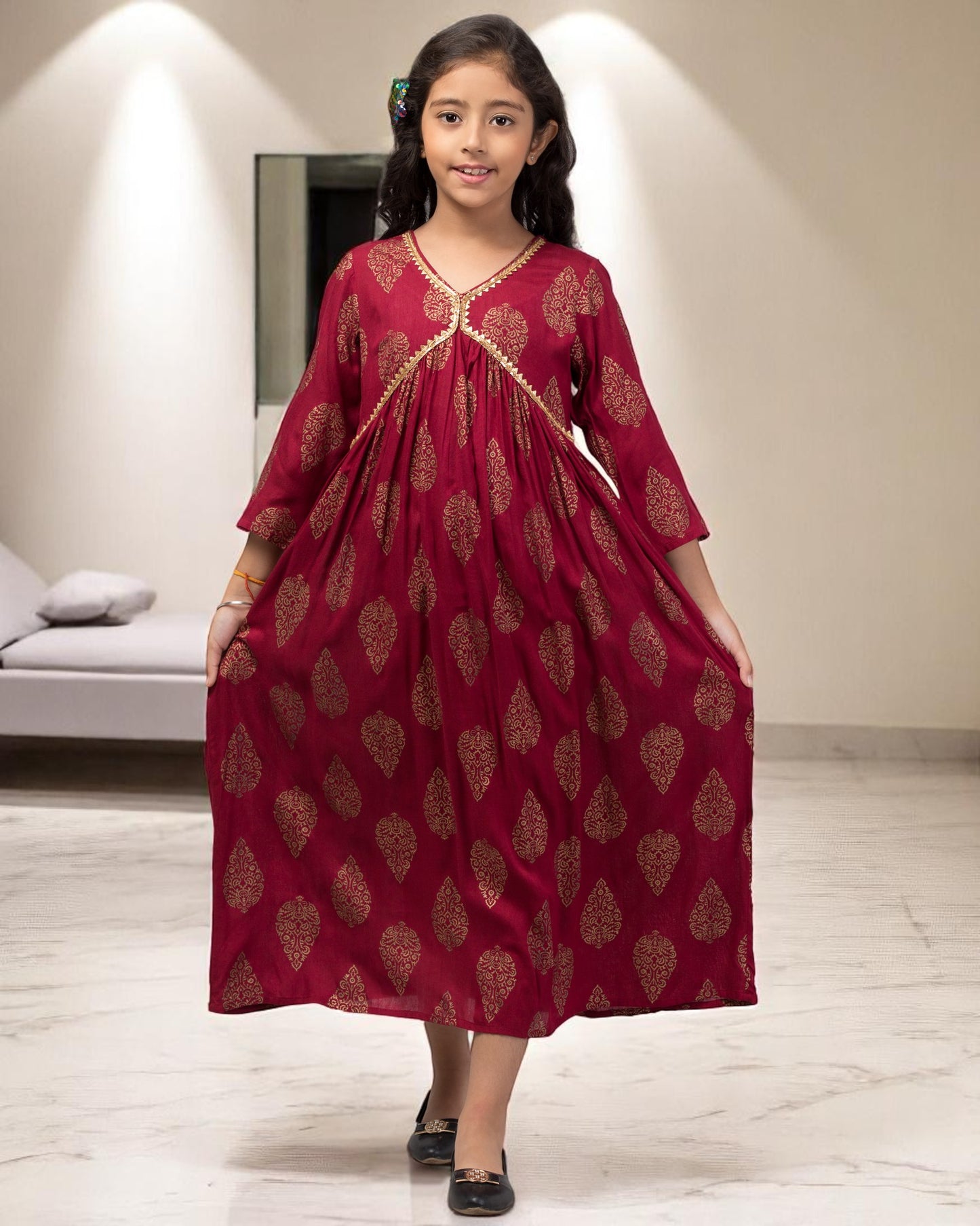 Graceful Printed Chiffon Long Dress for Girls with Umbrella Flare & V Neck