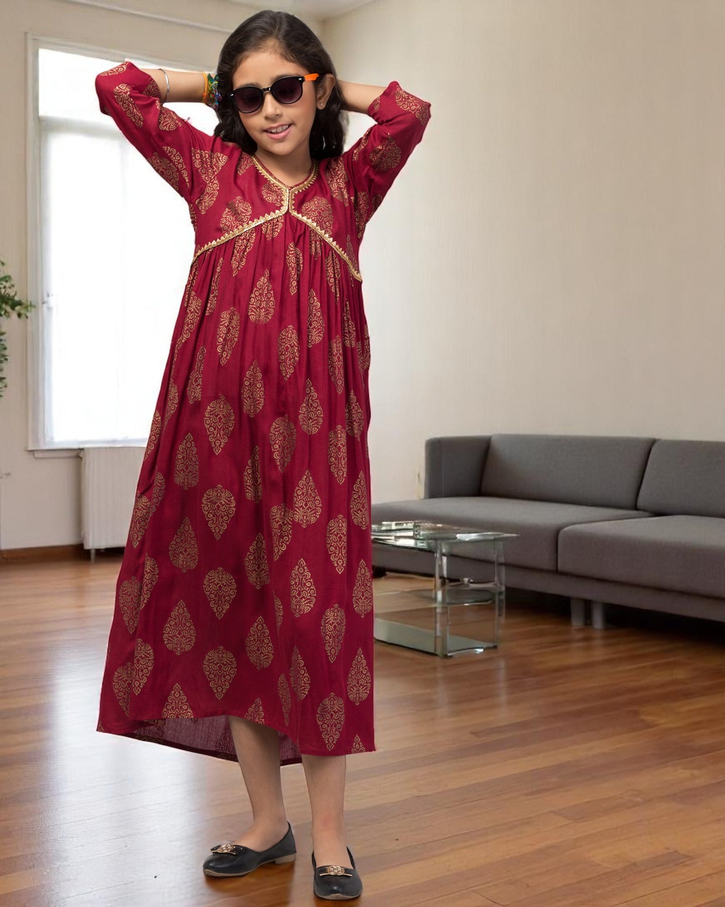 Graceful Printed Chiffon Long Dress for Girls with Umbrella Flare & V Neck