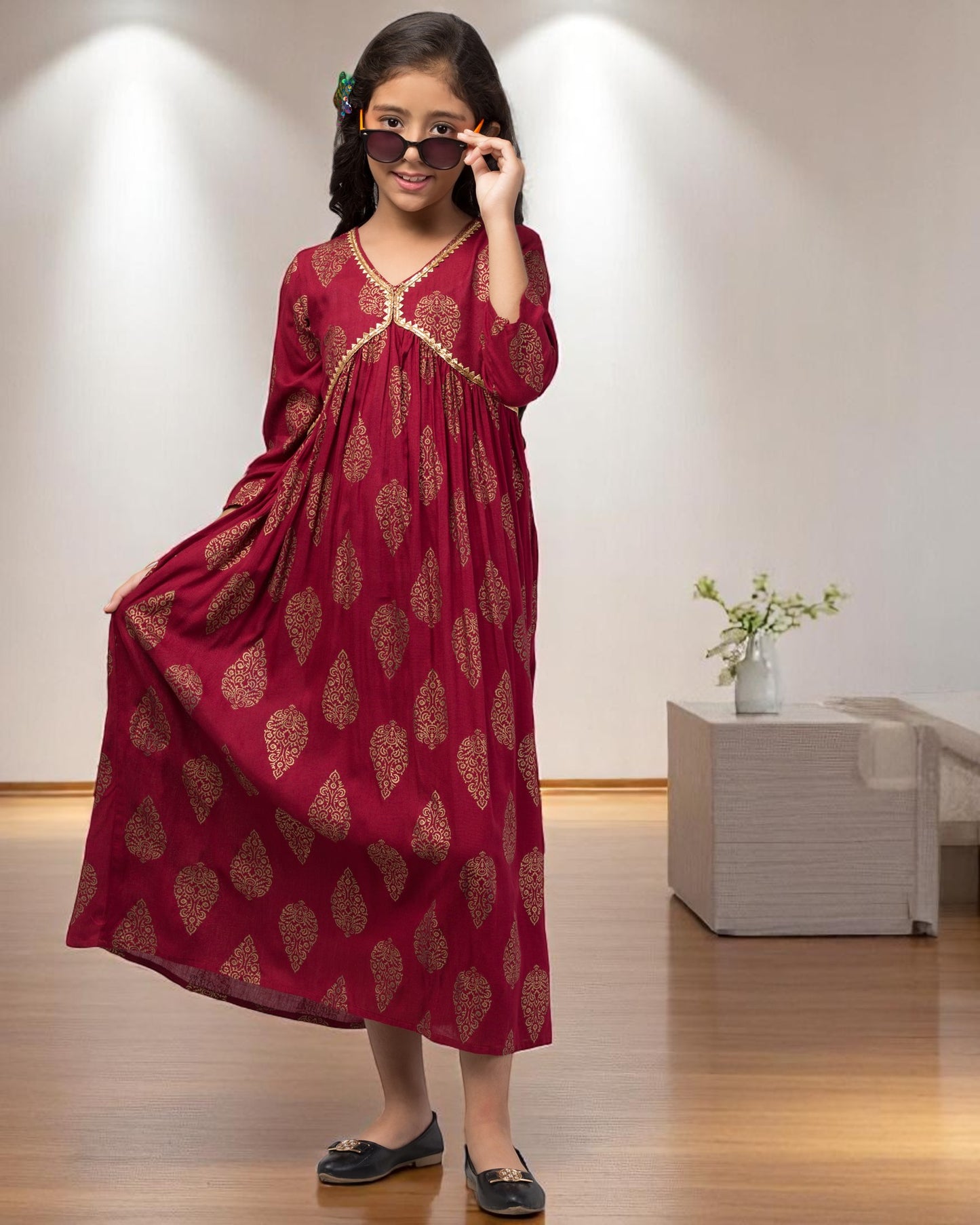 Graceful Printed Chiffon Long Dress for Girls with Umbrella Flare & V Neck