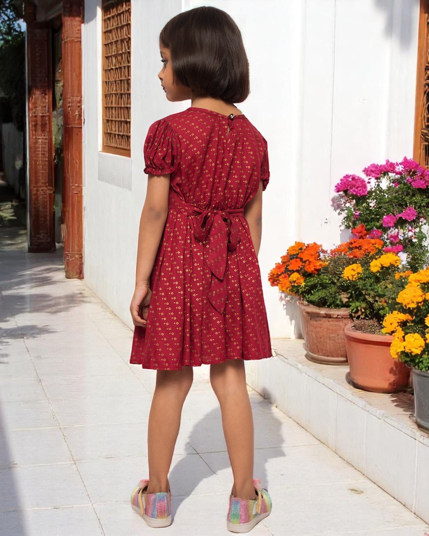 Breezy Elegance: Printed Rayon Frock with Elasticated Short Sleeves