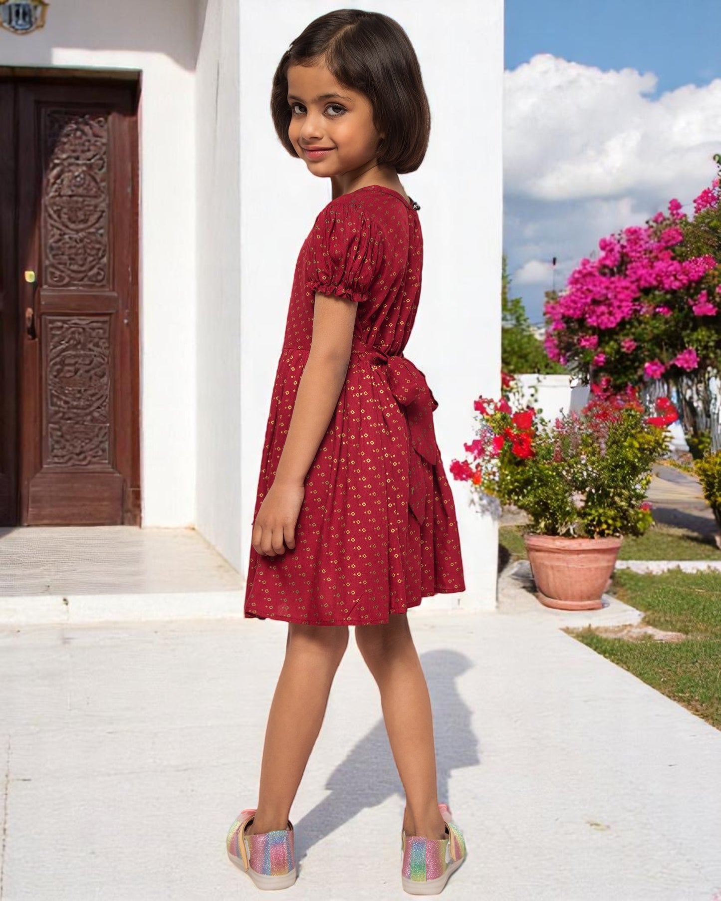 Breezy Elegance: Printed Rayon Frock with Elasticated Short Sleeves