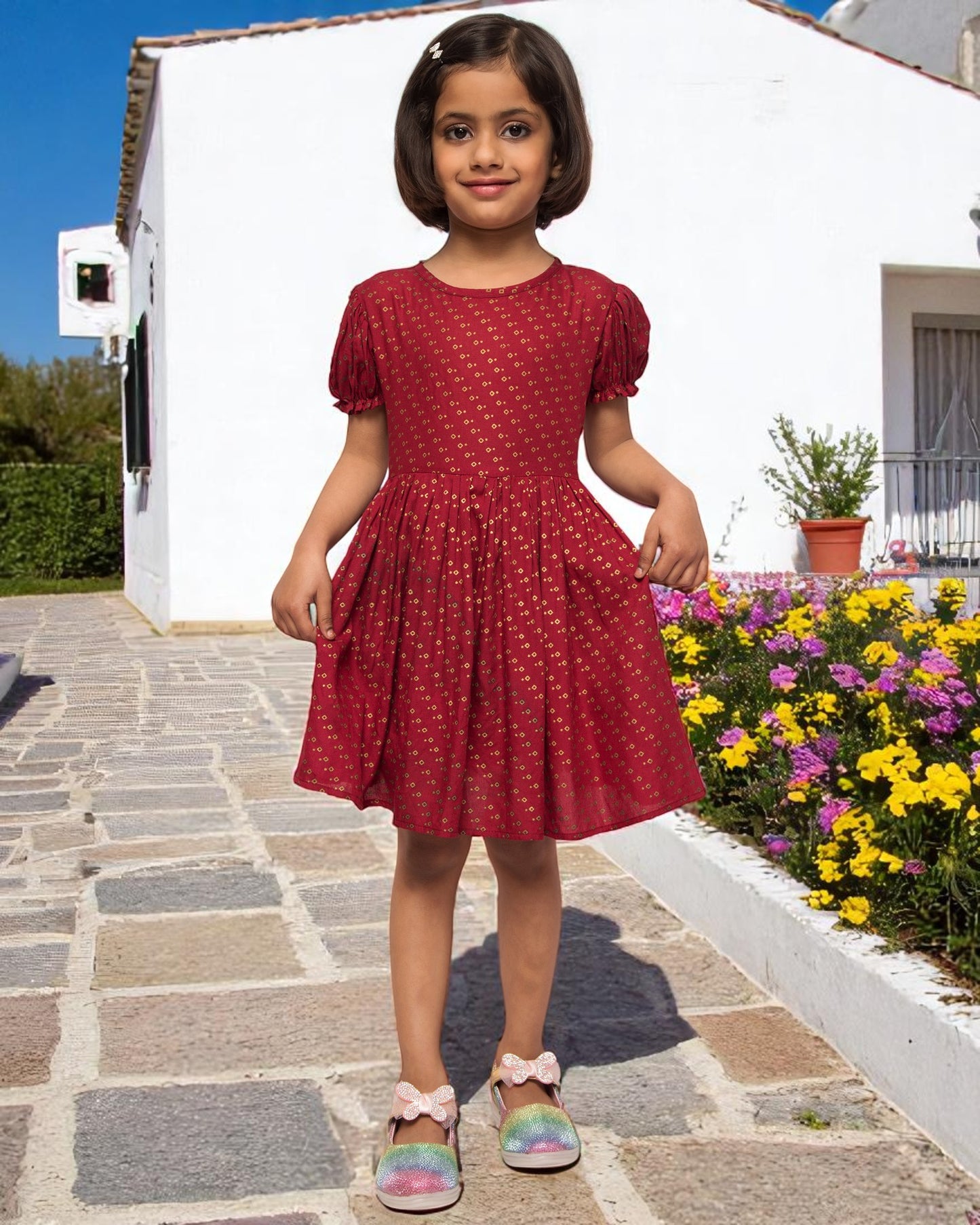 Breezy Elegance: Printed Rayon Frock with Elasticated Short Sleeves