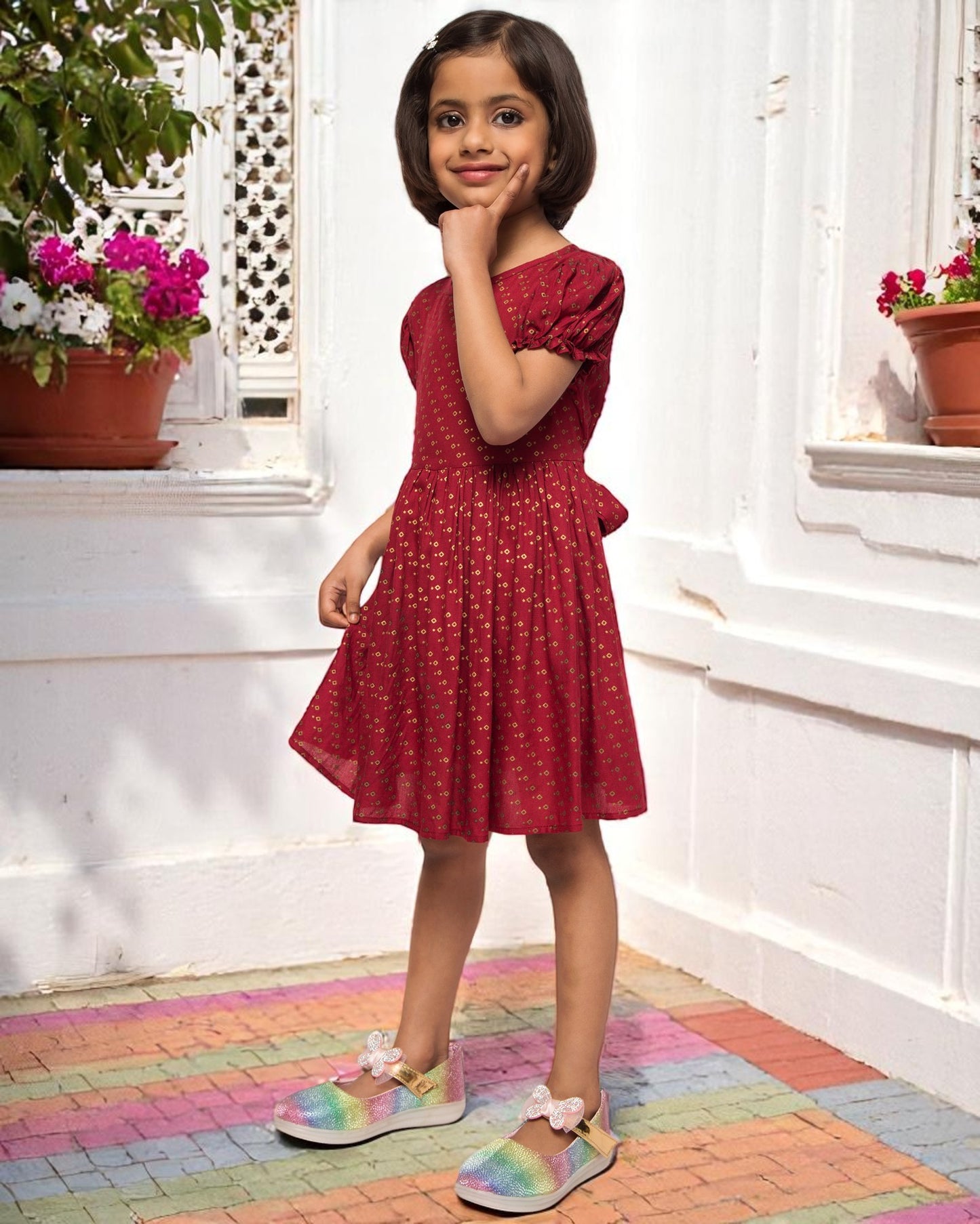 Breezy Elegance: Printed Rayon Frock with Elasticated Short Sleeves