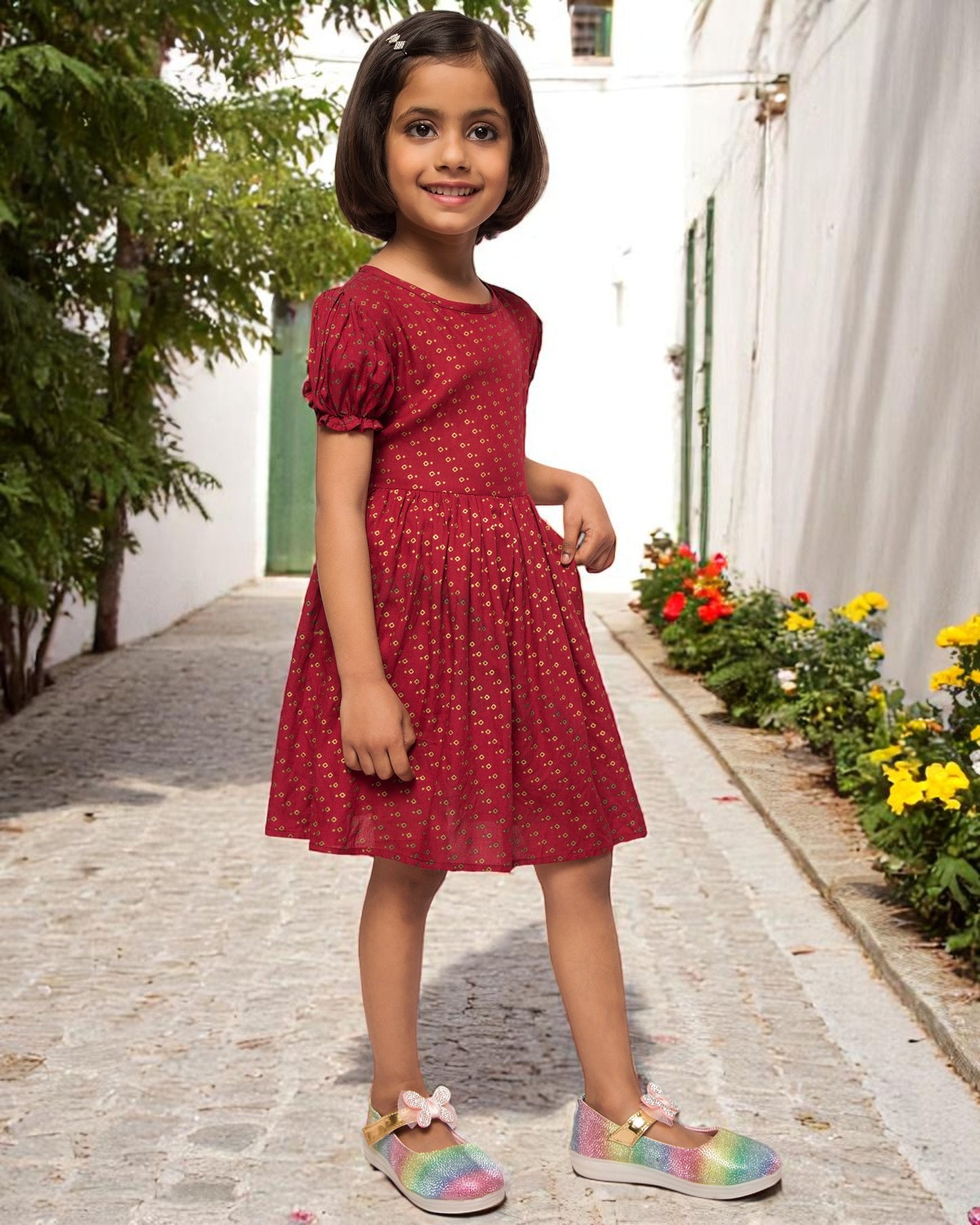 Breezy Elegance: Printed Rayon Frock with Elasticated Short Sleeves