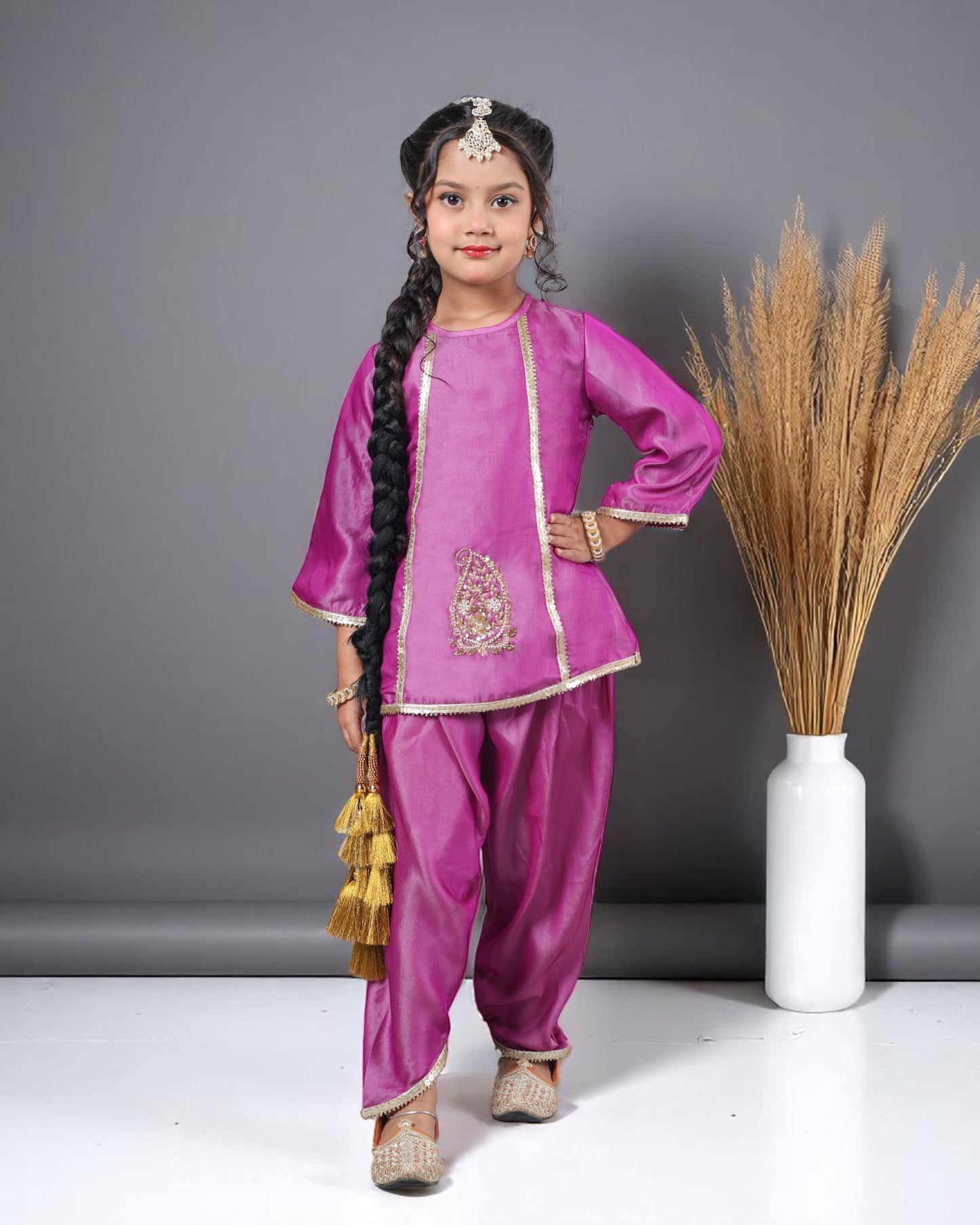 Tito Patito Girls’ 3-Piece Art Silk Suit – Semi Tulip Pant, Handwork & Lace