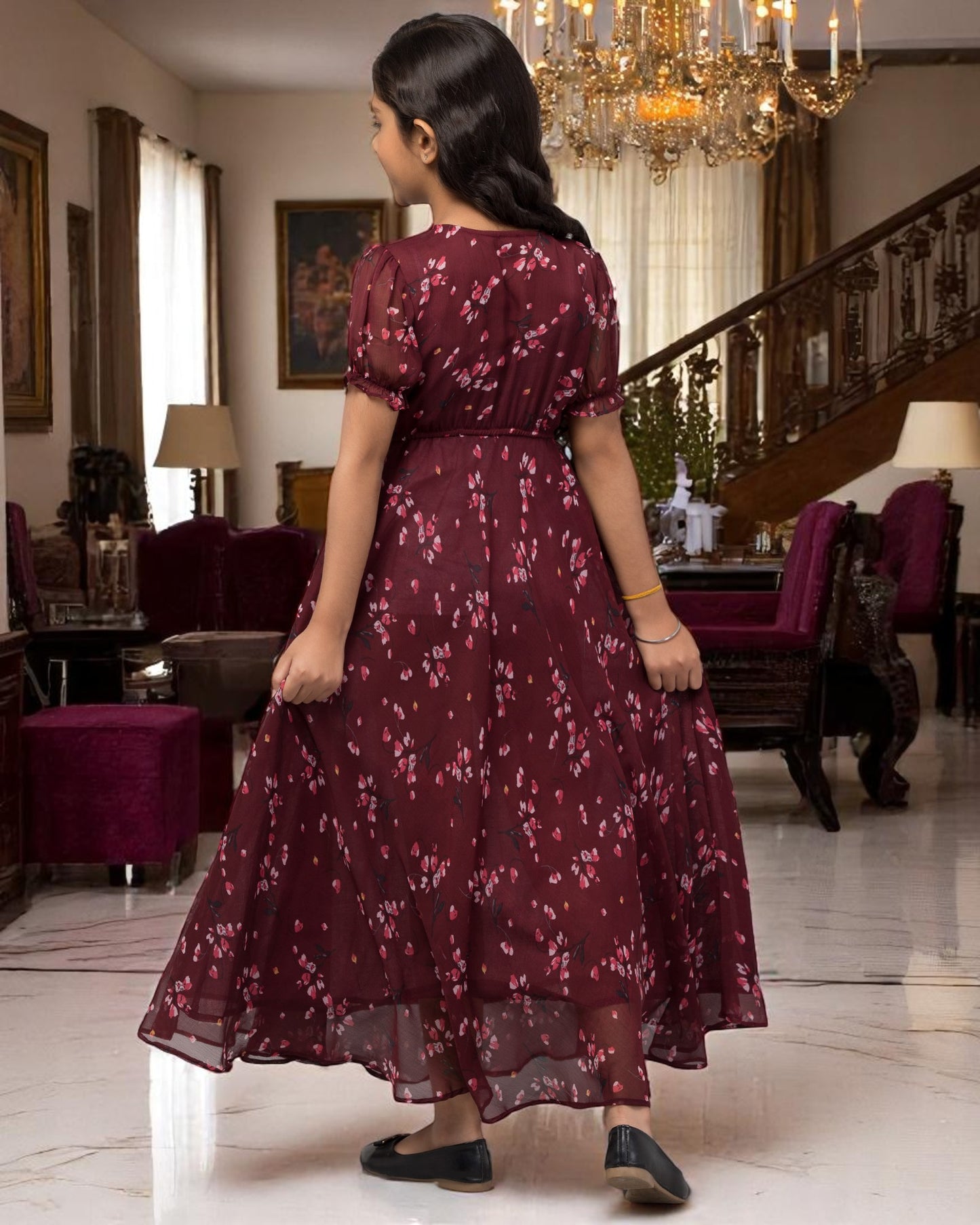 Long Dress For Girls In Printed Chiffon Fabric