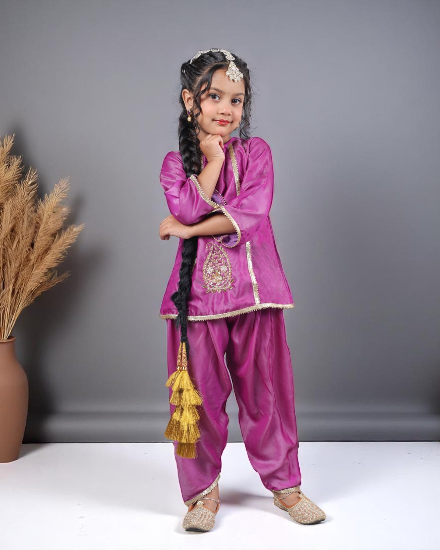 Tito Patito Girls’ 3-Piece Art Silk Suit – Semi Tulip Pant, Handwork & Lace