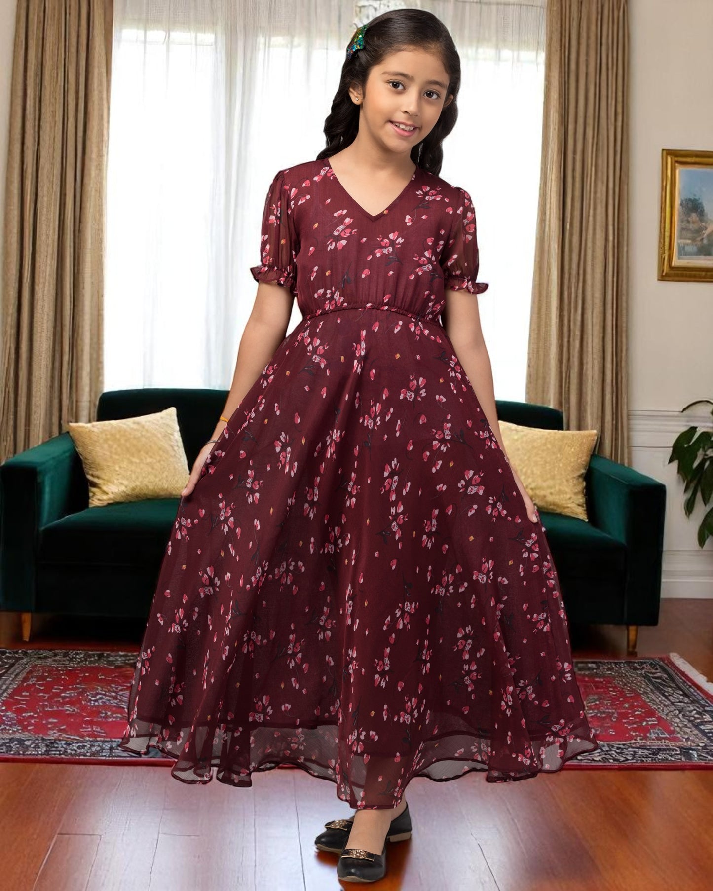 Long Dress For Girls In Printed Chiffon Fabric