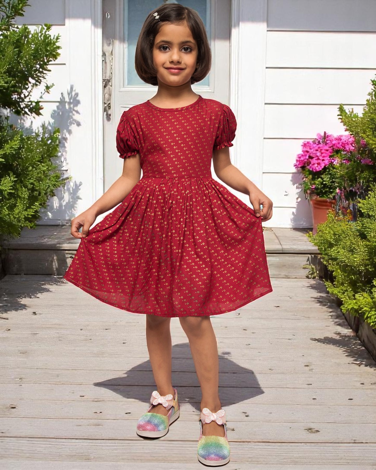 Breezy Elegance: Printed Rayon Frock with Elasticated Short Sleeves