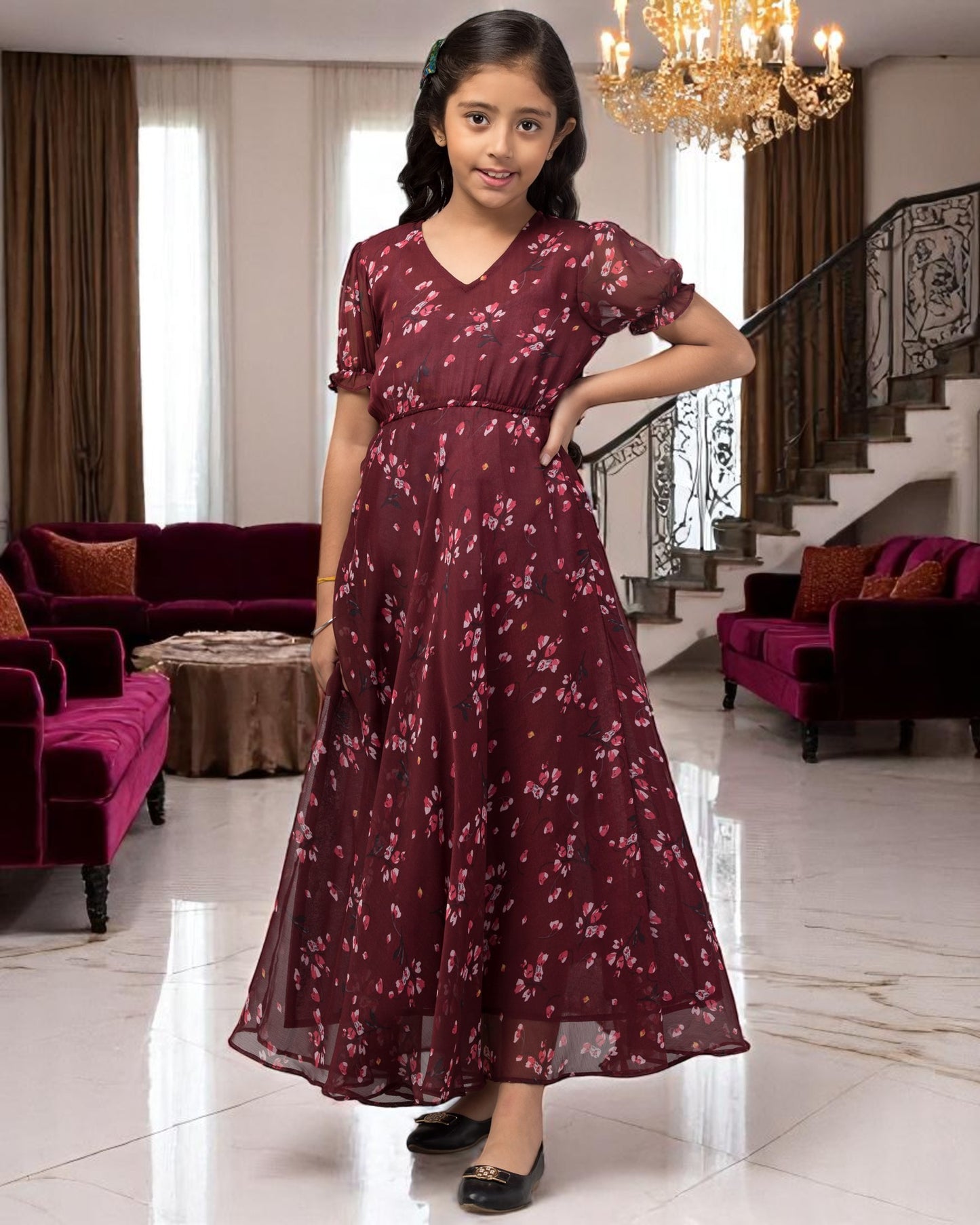 Long Dress For Girls In Printed Chiffon Fabric