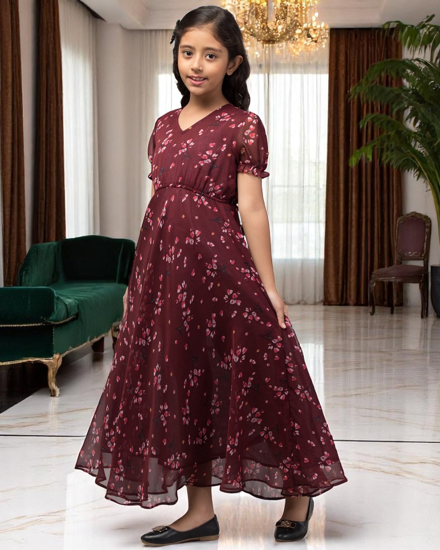 Long Dress For Girls In Printed Chiffon Fabric