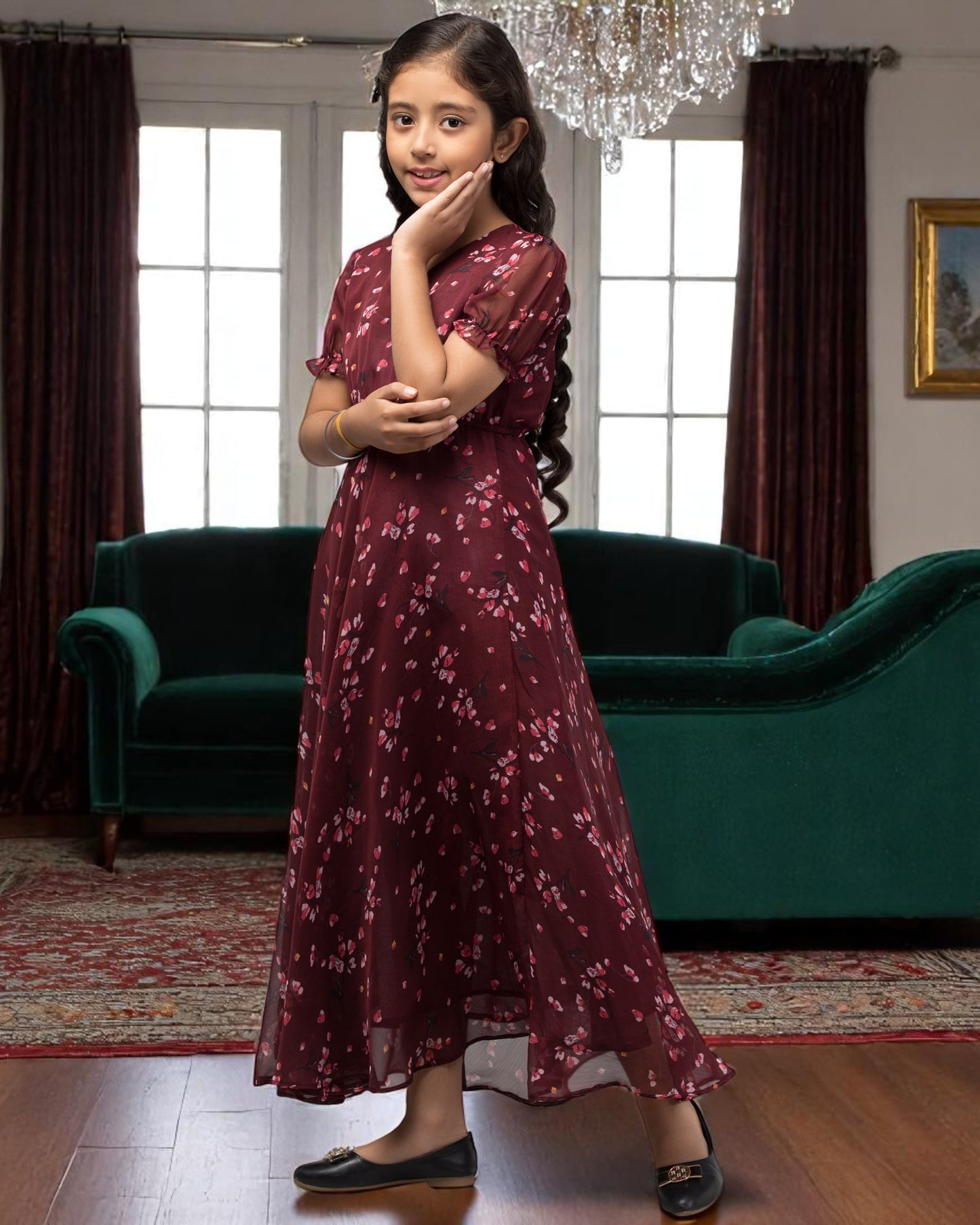 Long Dress For Girls In Printed Chiffon Fabric