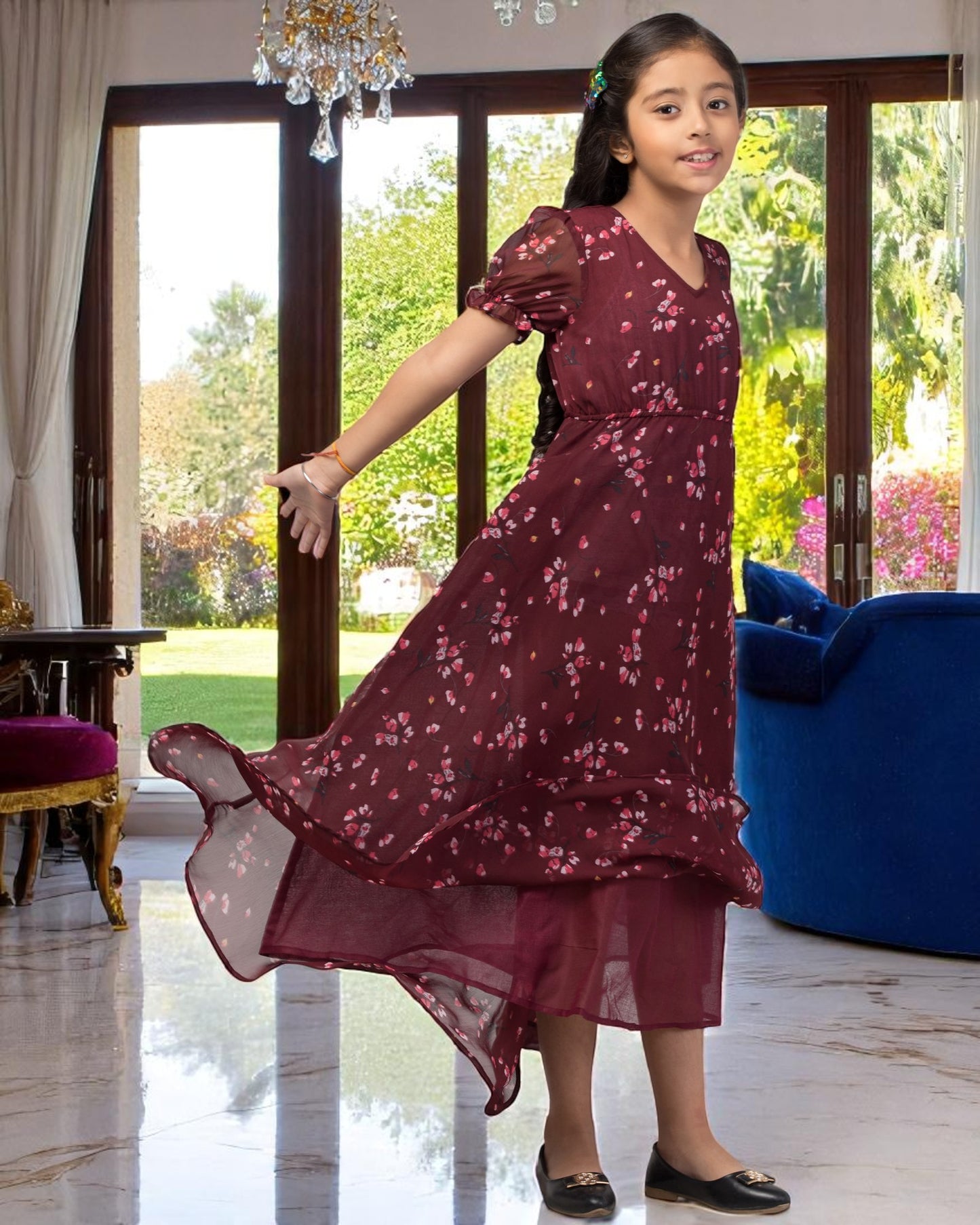 Long Dress For Girls In Printed Chiffon Fabric