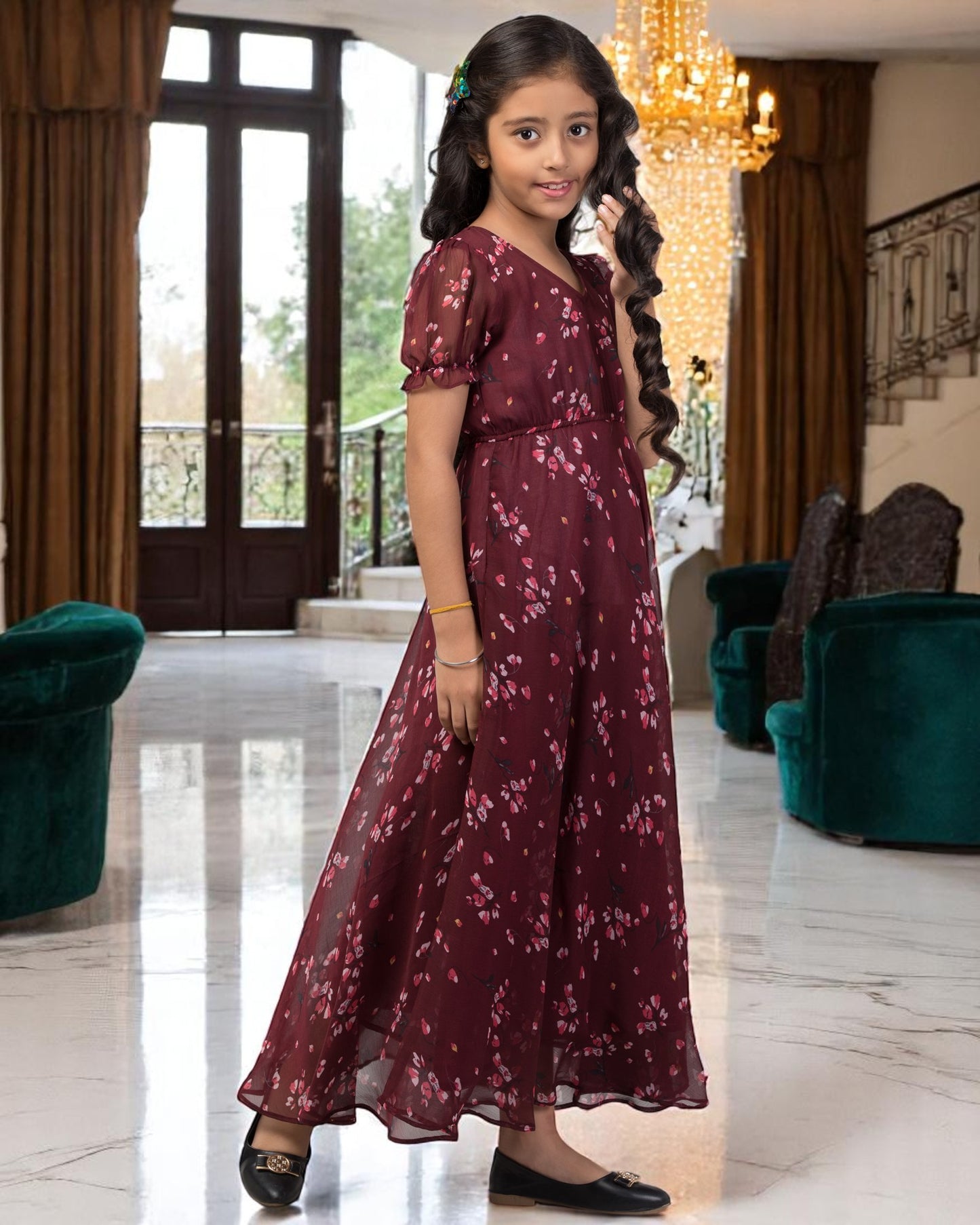Long Dress For Girls In Printed Chiffon Fabric