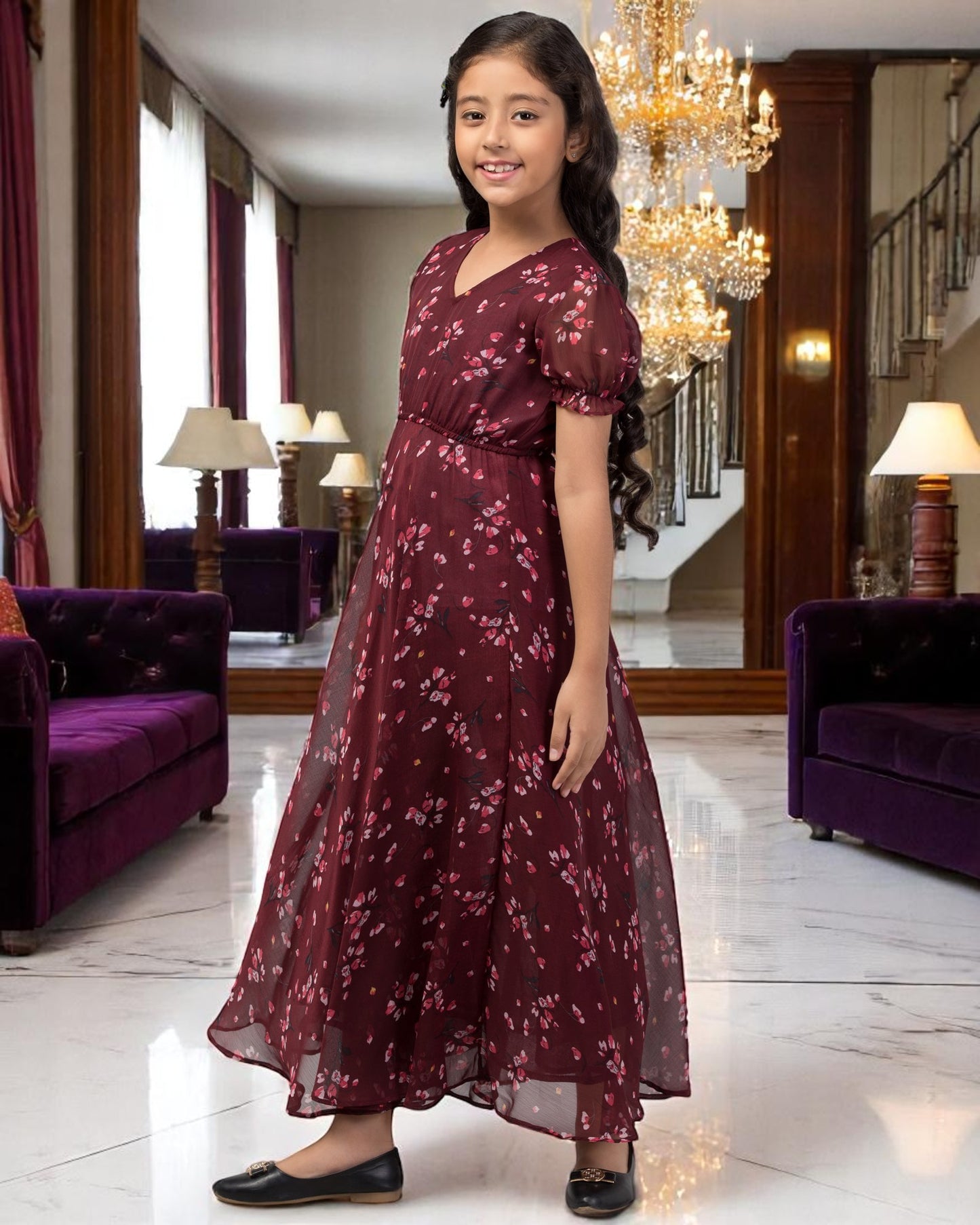Long Dress For Girls In Printed Chiffon Fabric