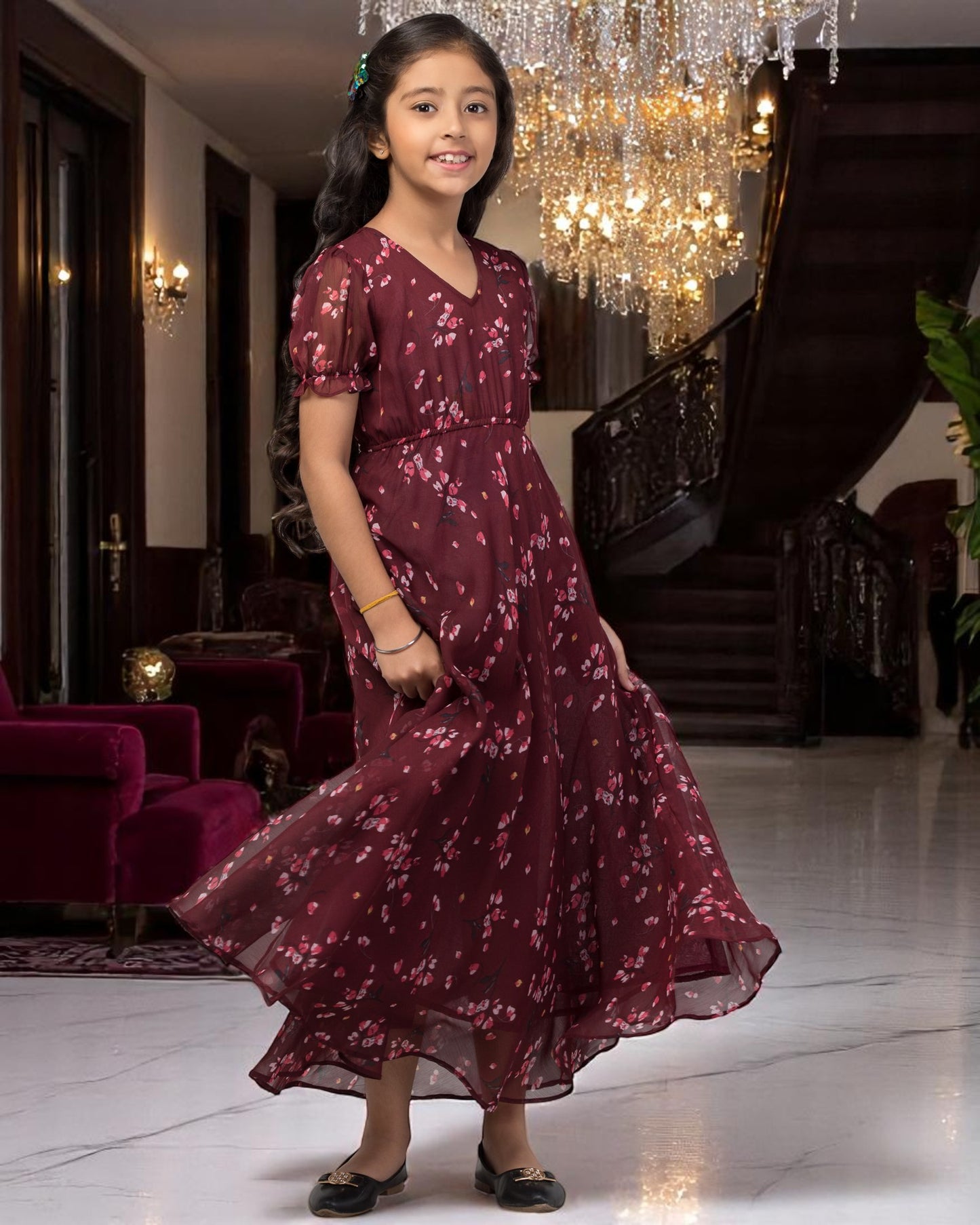 Long Dress For Girls In Printed Chiffon Fabric