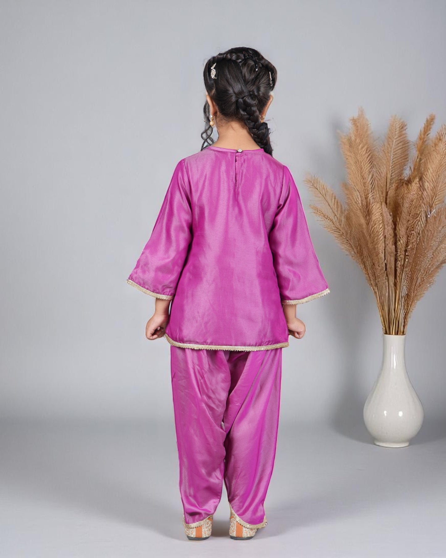 Tito Patito Girls’ 3-Piece Art Silk Suit – Semi Tulip Pant, Handwork & Lace