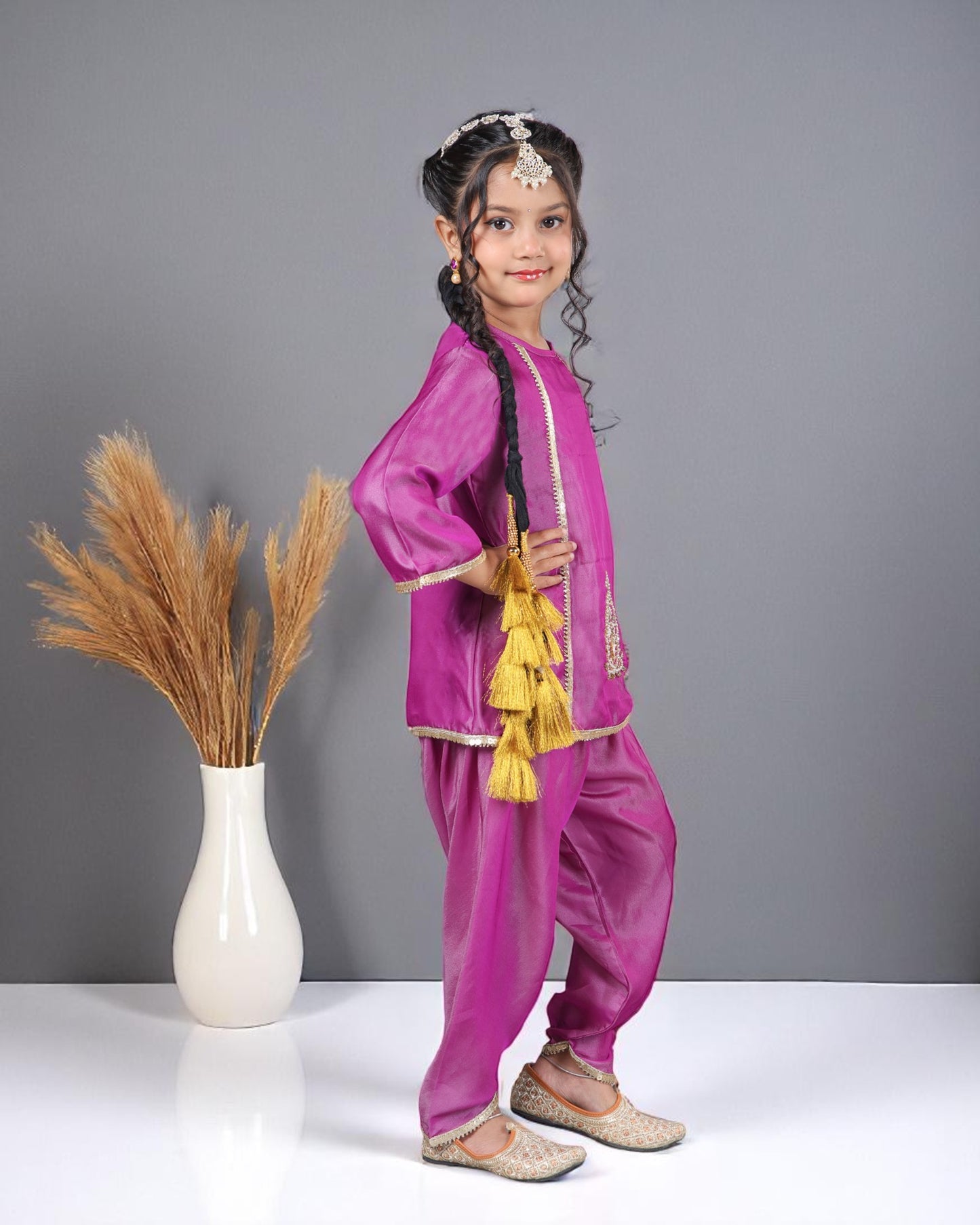 Tito Patito Girls’ 3-Piece Art Silk Suit – Semi Tulip Pant, Handwork & Lace