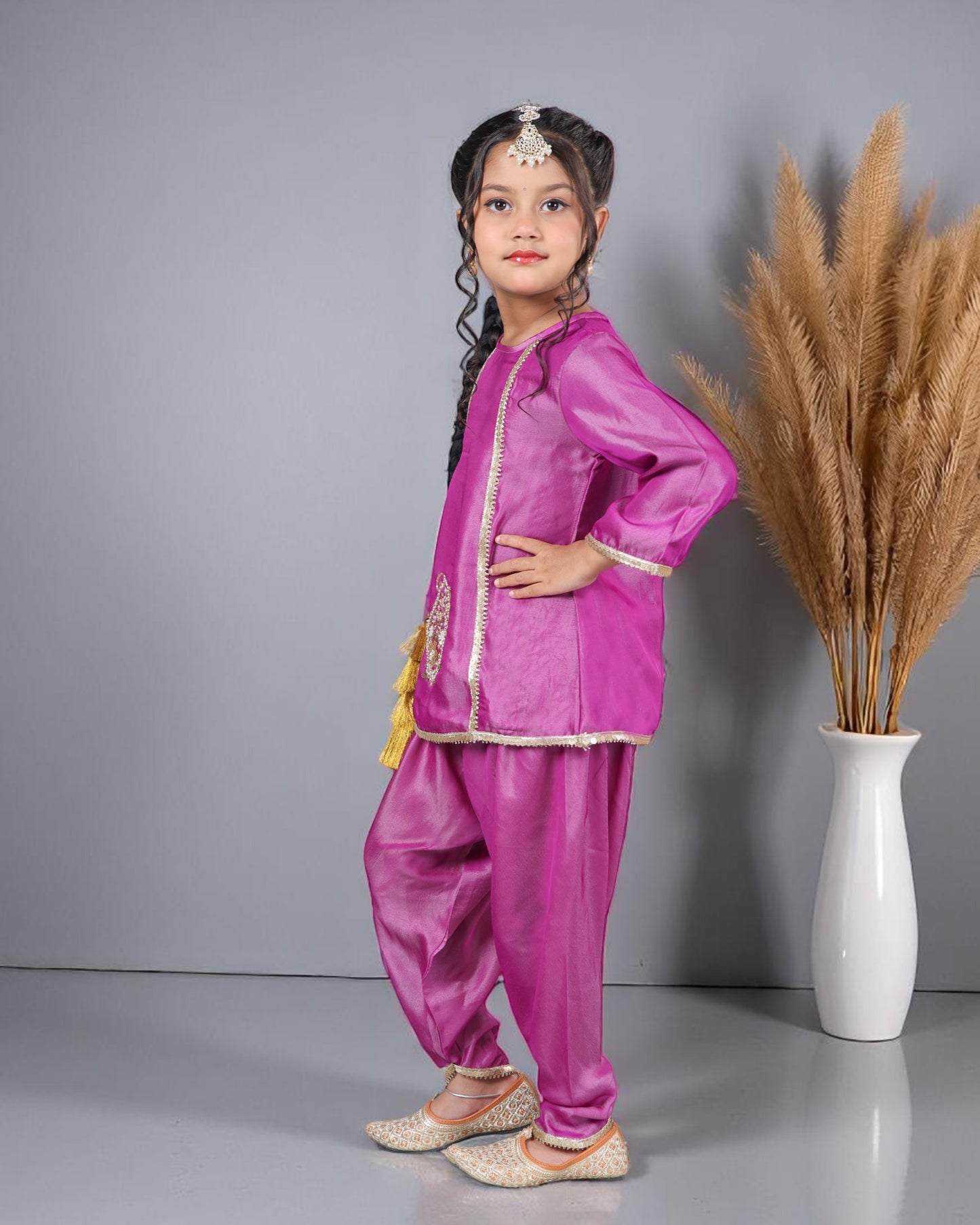 Tito Patito Girls’ 3-Piece Art Silk Suit – Semi Tulip Pant, Handwork & Lace