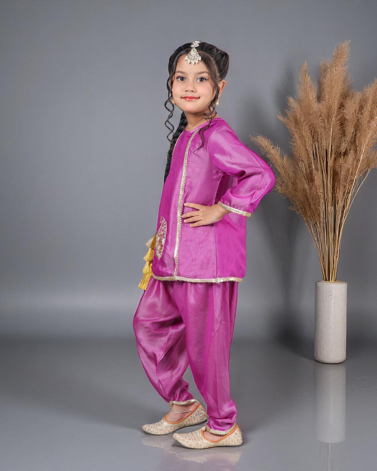 Tito Patito Girls’ 3-Piece Art Silk Suit – Semi Tulip Pant, Handwork & Lace