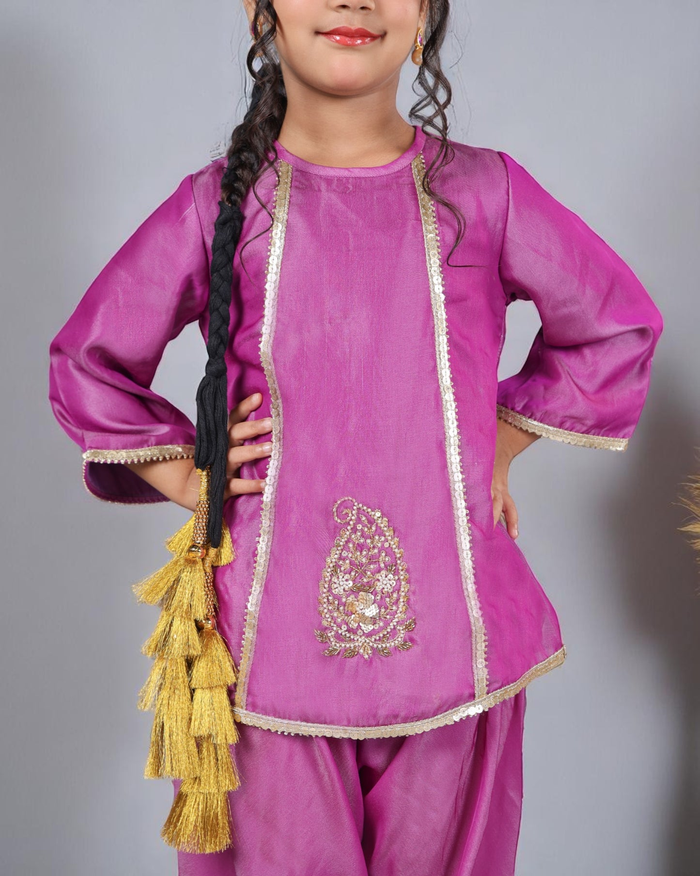 Tito Patito Girls’ 3-Piece Art Silk Suit – Semi Tulip Pant, Handwork & Lace