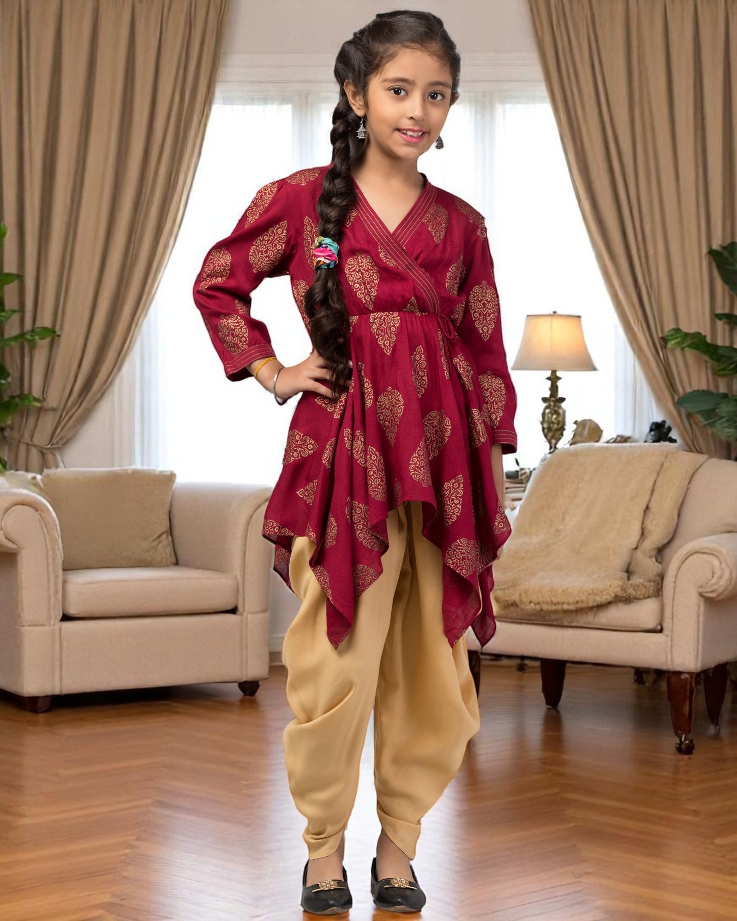 Two Pieces Set- Dhoti Shalwar And Long Asymmetrical Top