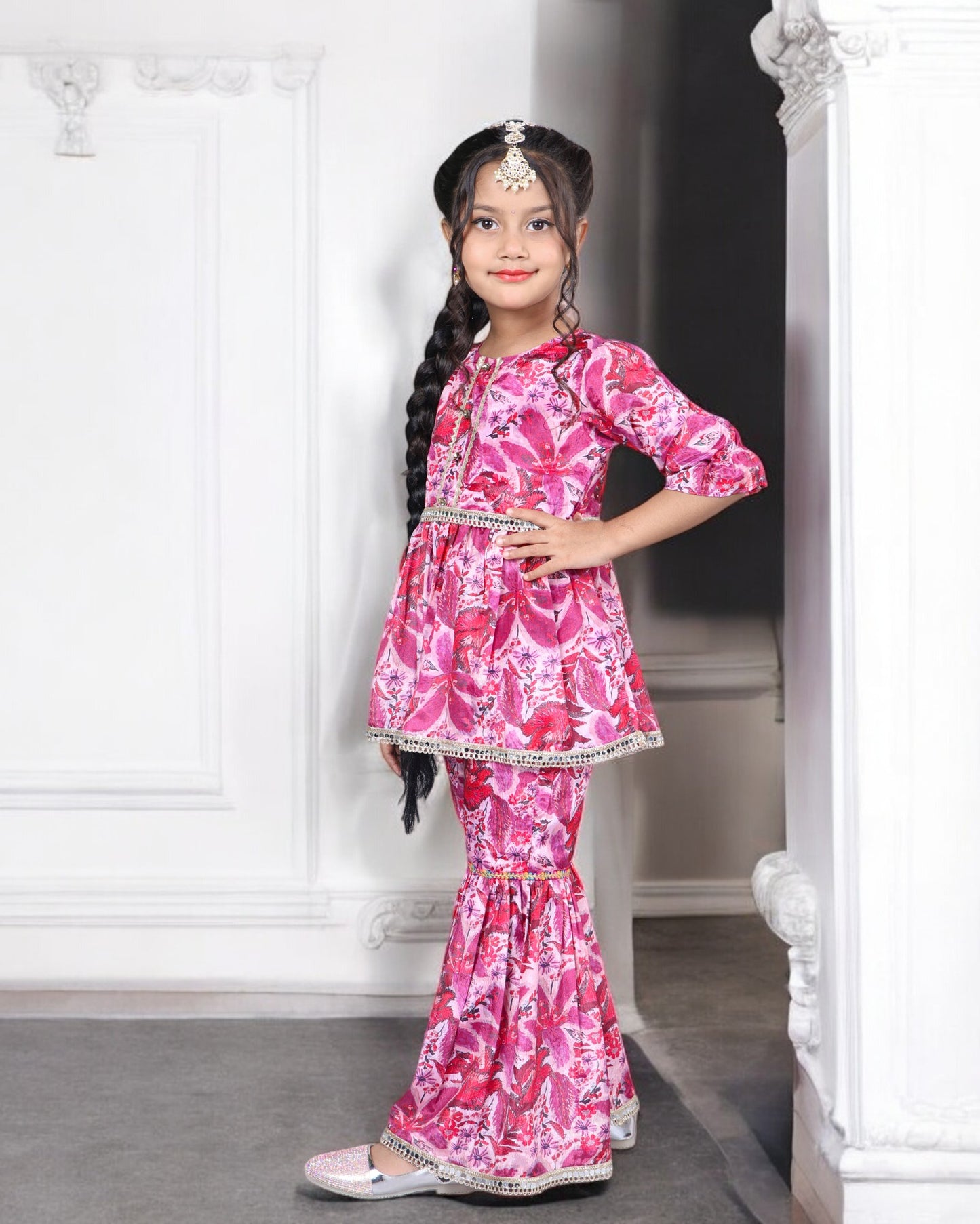 Tito Patito Girls’ Chinon Co-ord Set – Digital Print, Lace, Designer Sharara