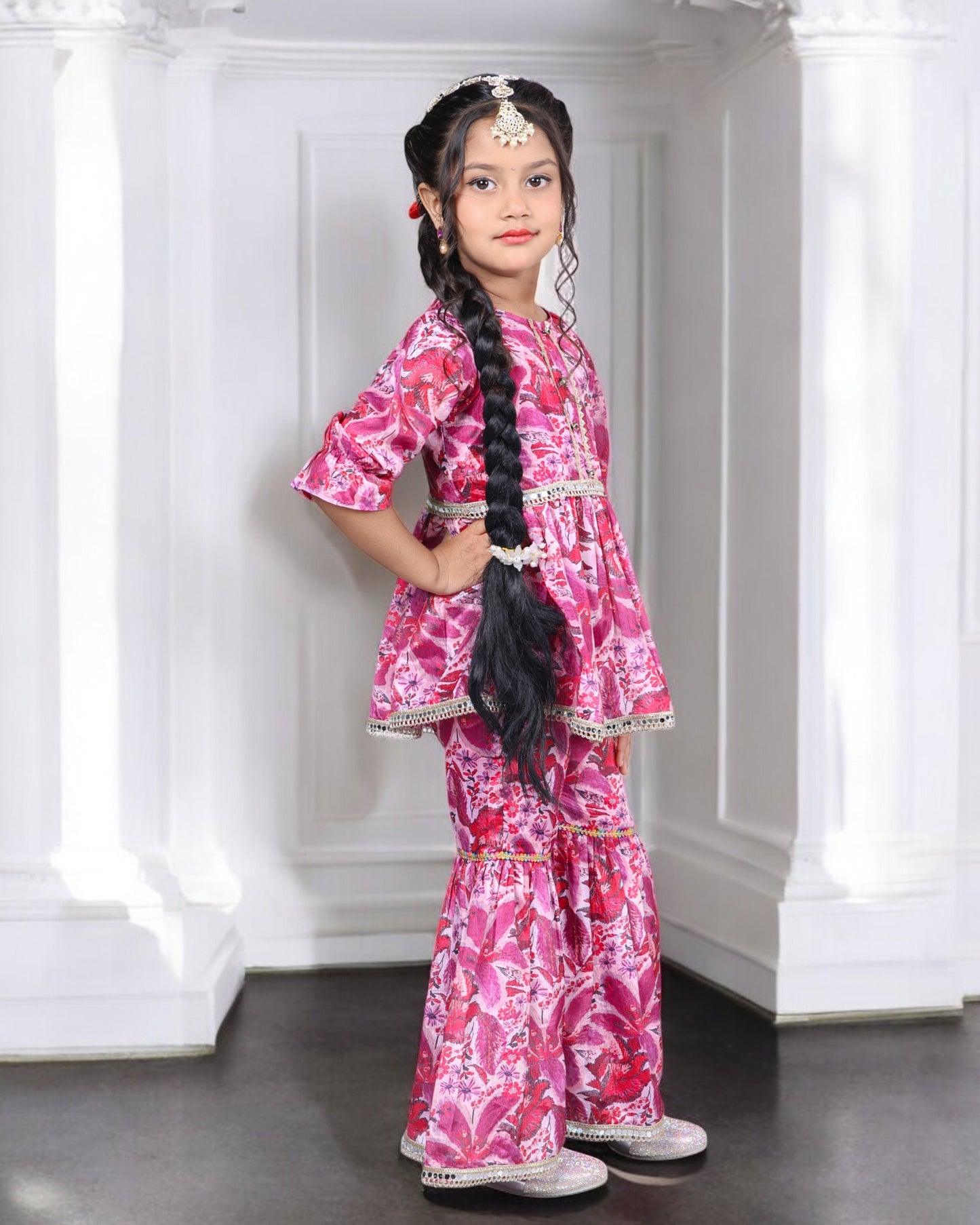 Tito Patito Girls’ Chinon Co-ord Set – Digital Print, Lace, Designer Sharara