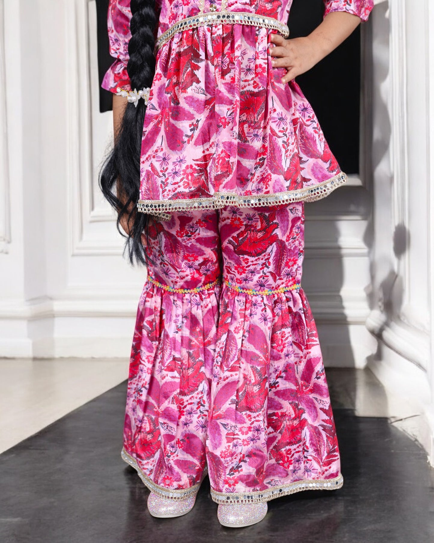 Tito Patito Girls’ Chinon Co-ord Set – Digital Print, Lace, Designer Sharara