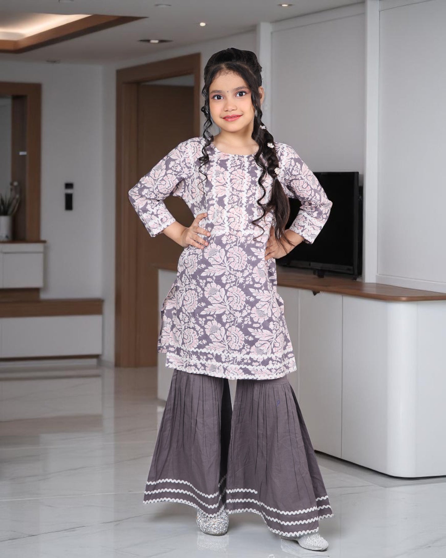 Tito Patito Girls’ Pure Cotton Sharara Set – Lace Detailing, Summer Ethnic Wear