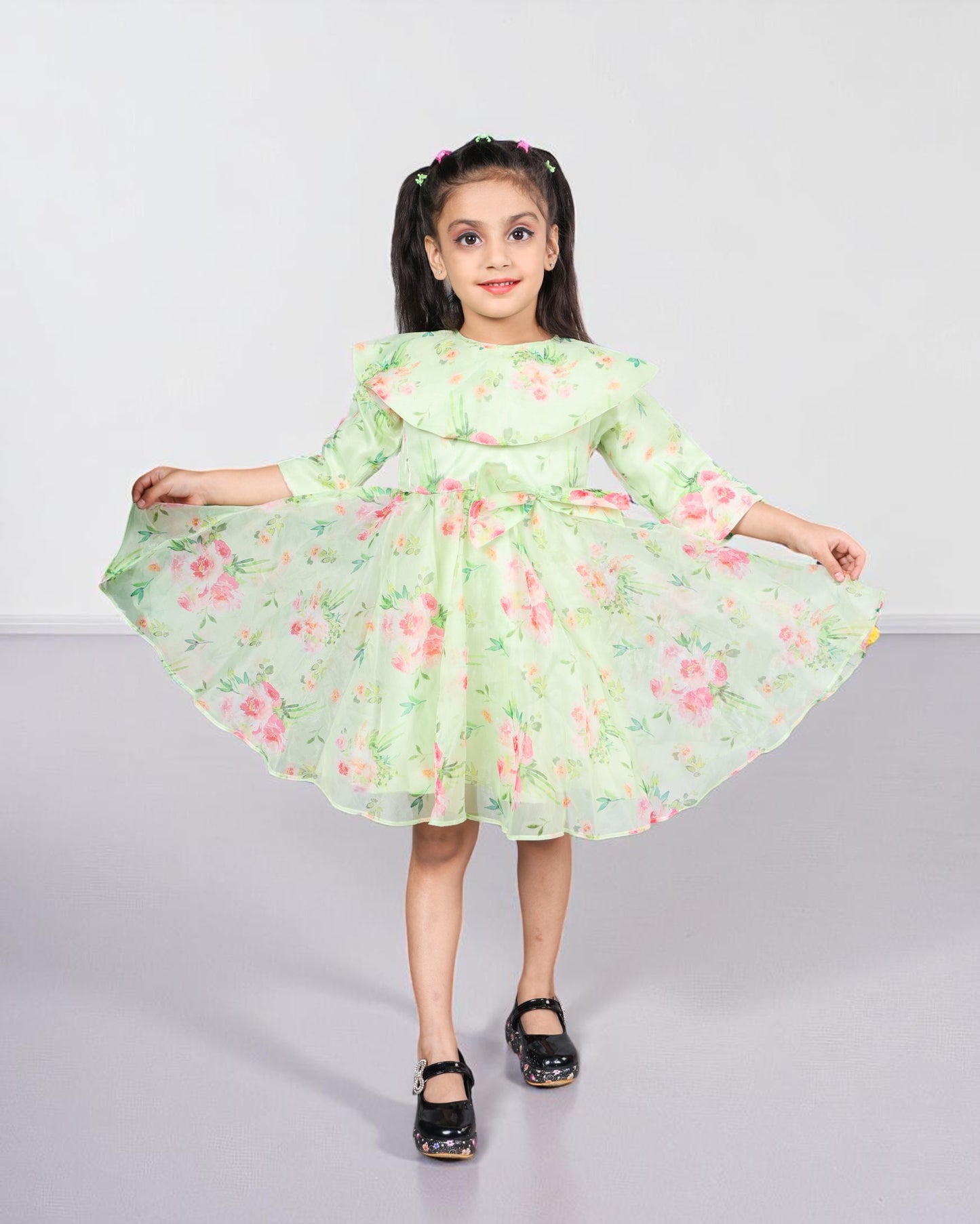 Tito Patito Girls’ Designer Organza Frock – Digital Print, Waistbelt, 3/4 Sleeves