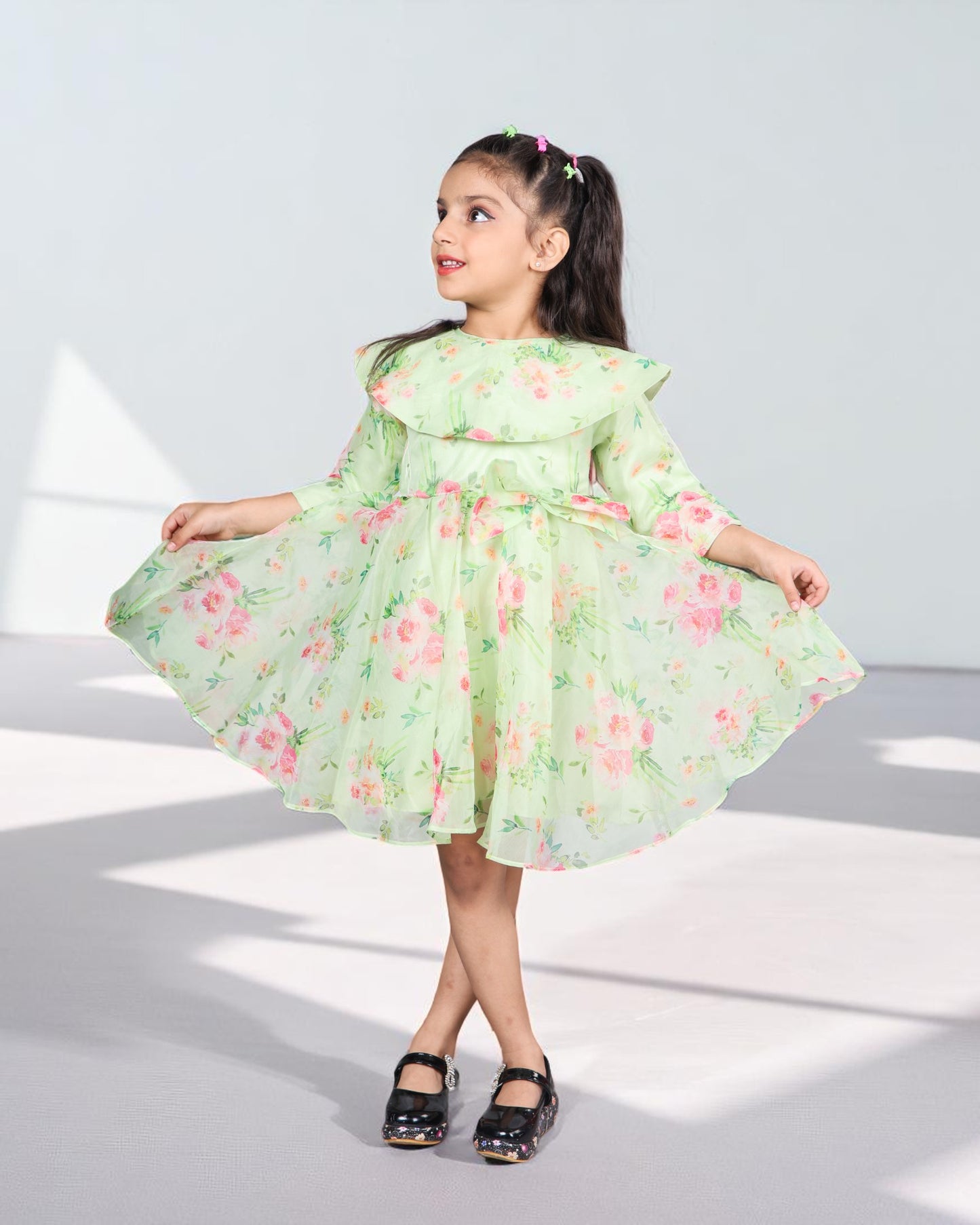 Tito Patito Girls’ Designer Organza Frock – Digital Print, Waistbelt, 3/4 Sleeves