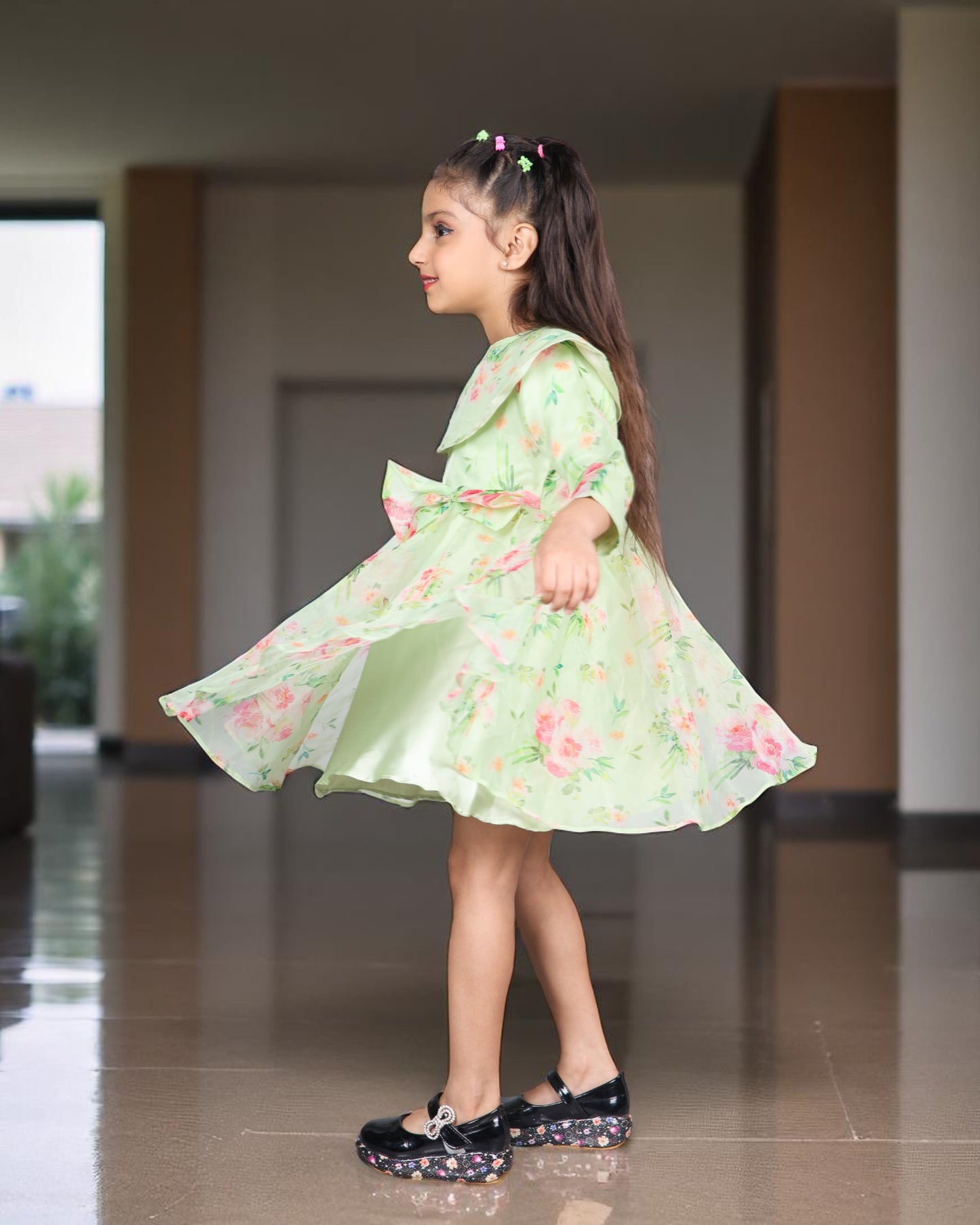 Tito Patito Girls’ Designer Organza Frock – Digital Print, Waistbelt, 3/4 Sleeves