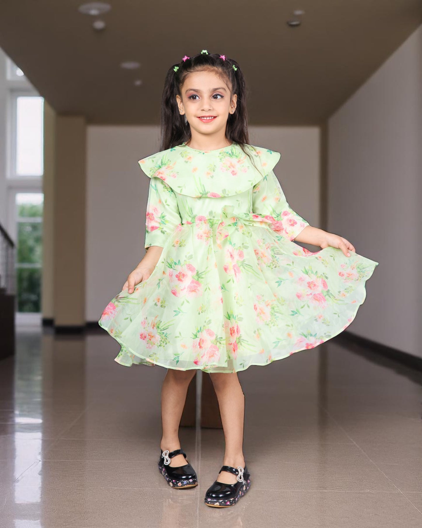 Tito Patito Girls’ Designer Organza Frock – Digital Print, Waistbelt, 3/4 Sleeves