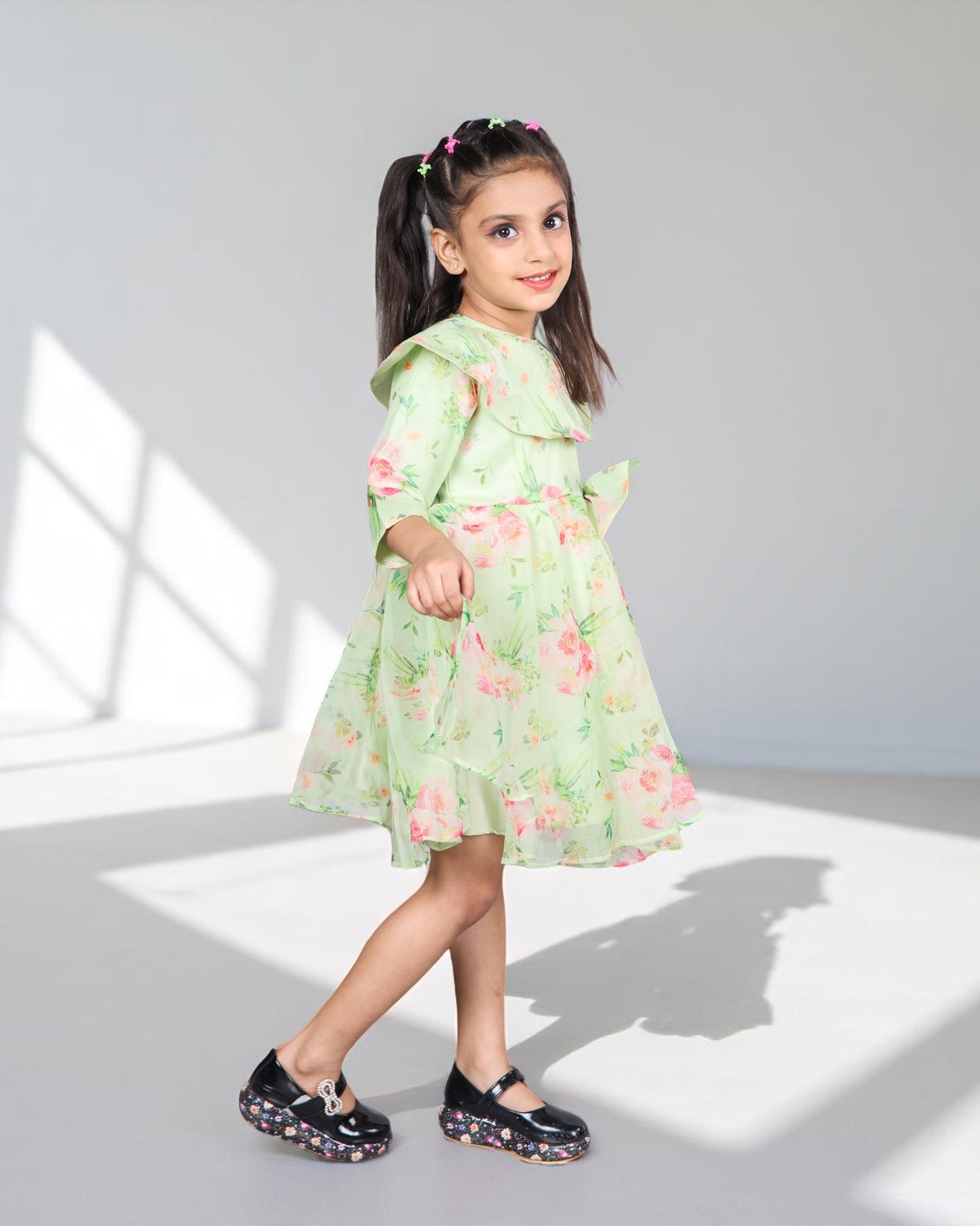 Tito Patito Girls’ Designer Organza Frock – Digital Print, Waistbelt, 3/4 Sleeves