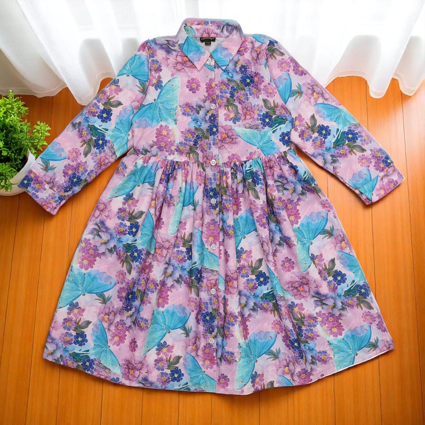 Girls' Frock with Shirt Collar in Cotton Blend Fabric