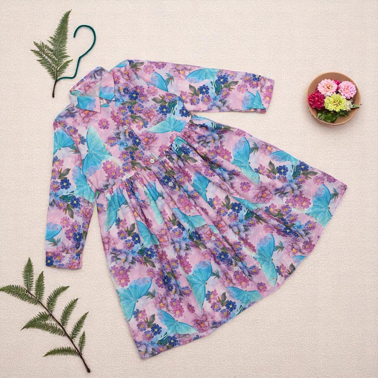 Girls' Frock with Shirt Collar in Cotton Blend Fabric