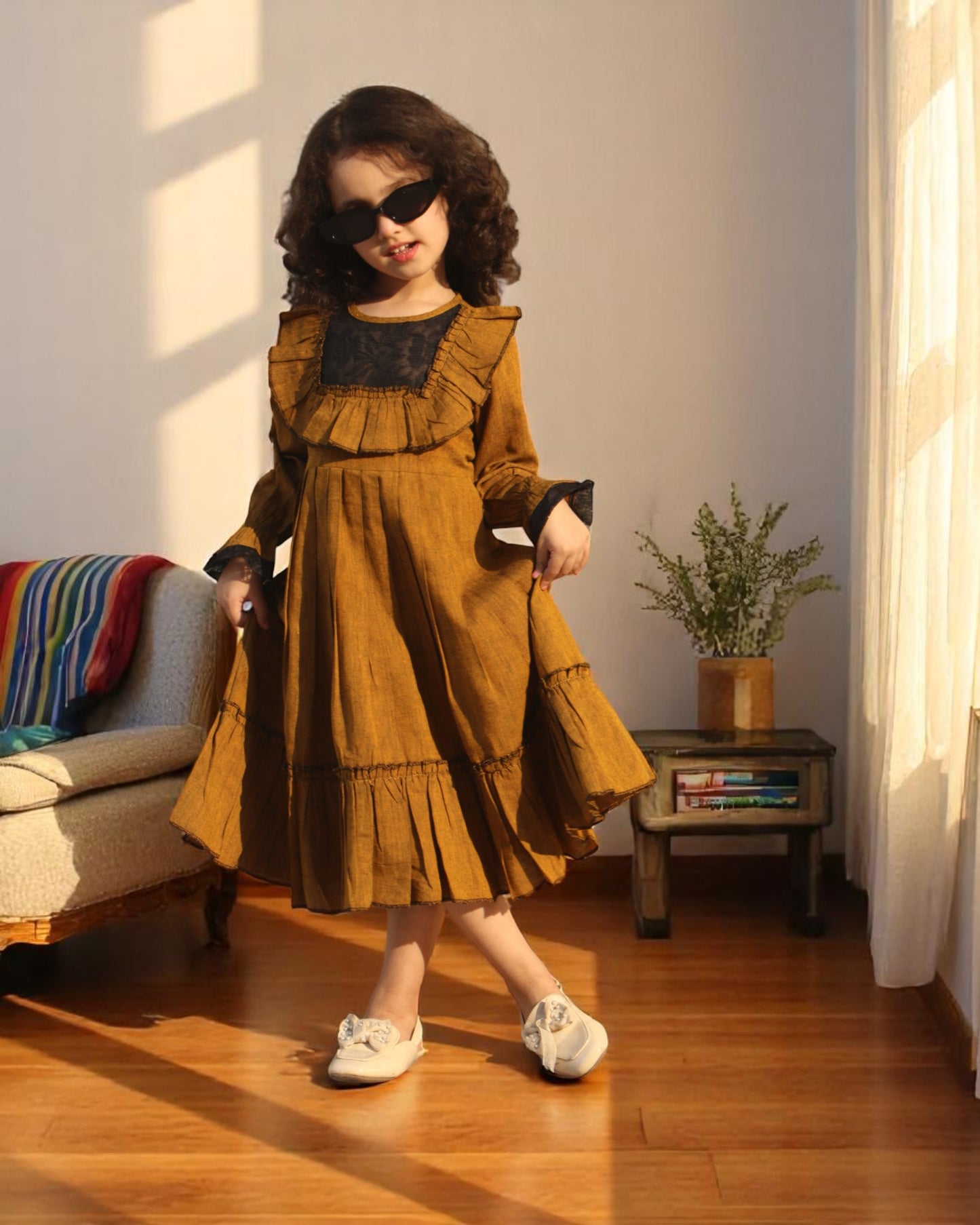 Elegant Designer Cotton Frock with Layered Hem & Bell Sleeves – Stylish and Comfortable