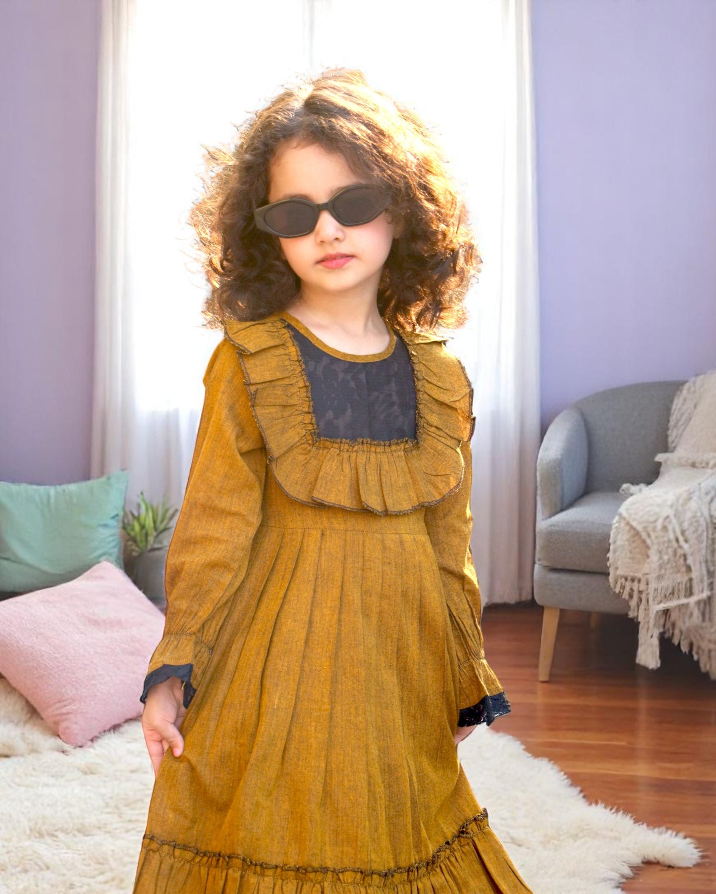 Elegant Designer Cotton Frock with Layered Hem & Bell Sleeves – Stylish and Comfortable