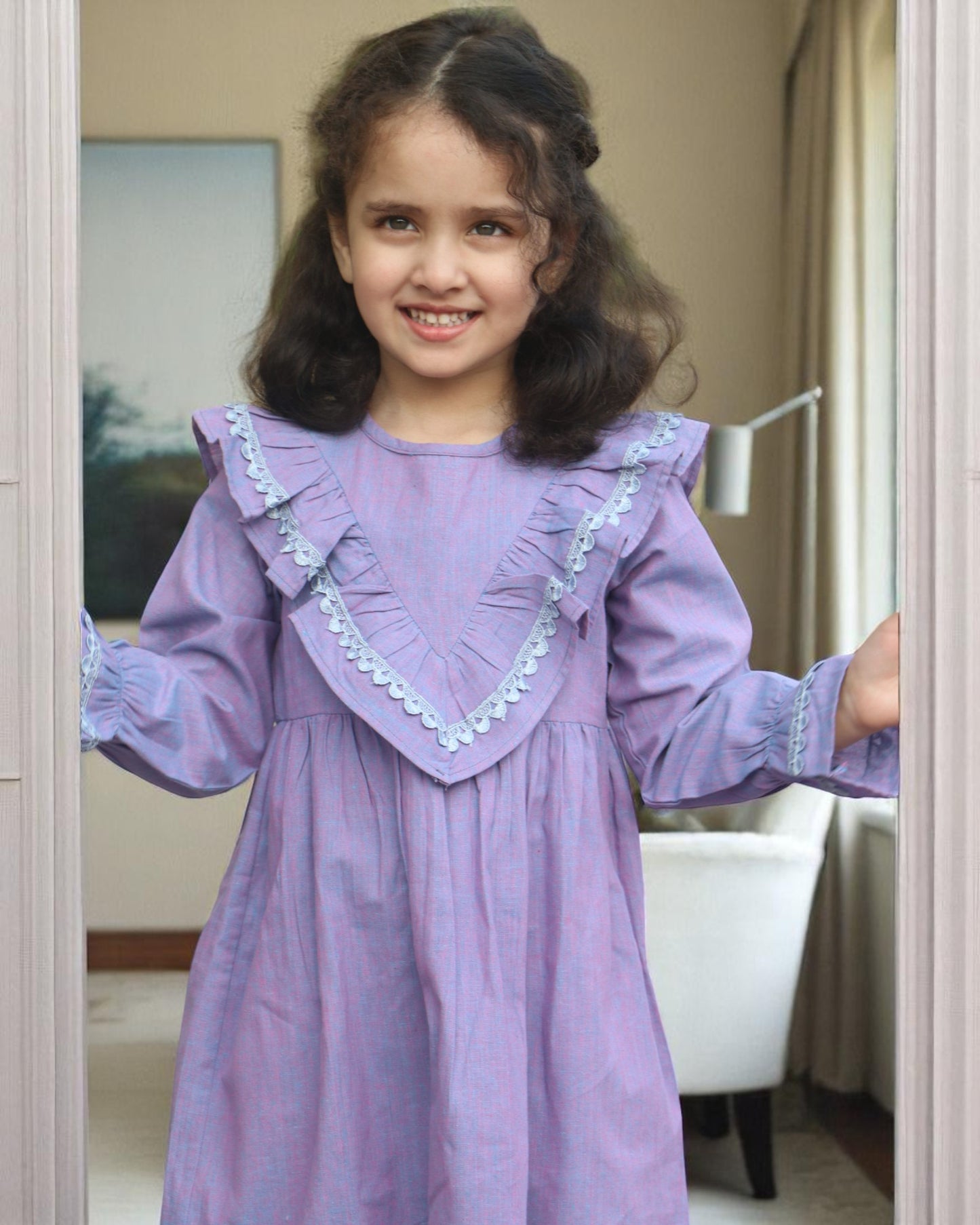 Elegant Designer Cotton Frock with Lacework & Full Sleeves – Breathable & Stylish