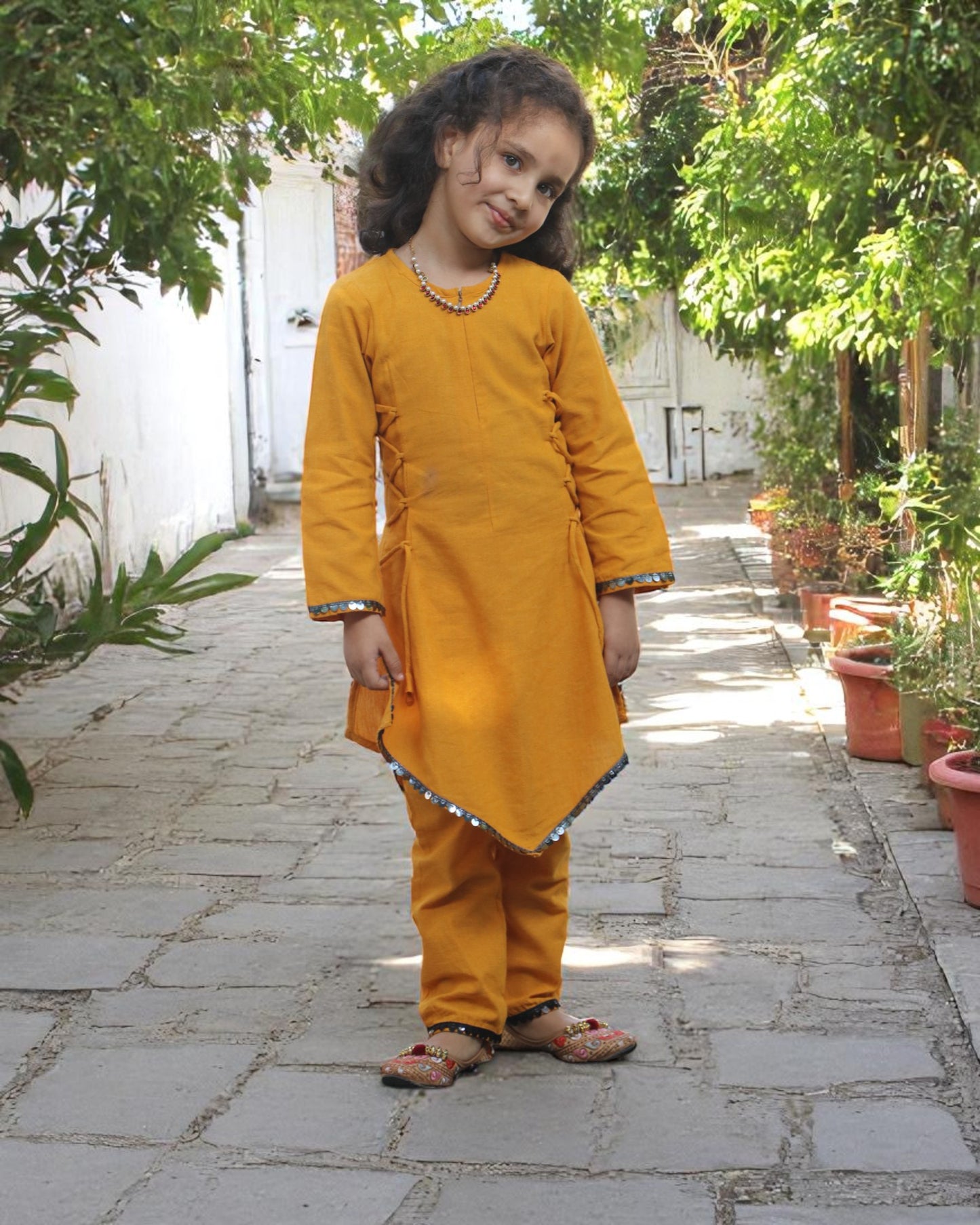 Pure Cotton Two-Piece Suit for Kids with Sequin Lace & Asymmetrical Hem